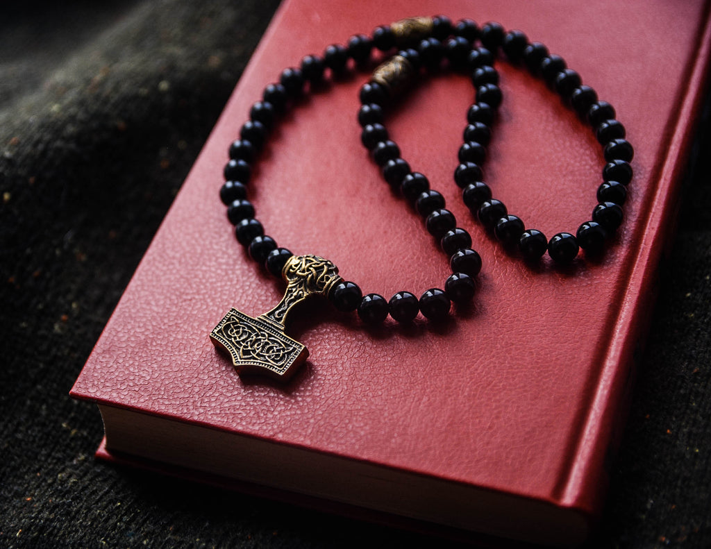 Thor's Hammer with Agate and Scandinavian Beads Pendant, Bronze and Natural Stone — Viking Symbol