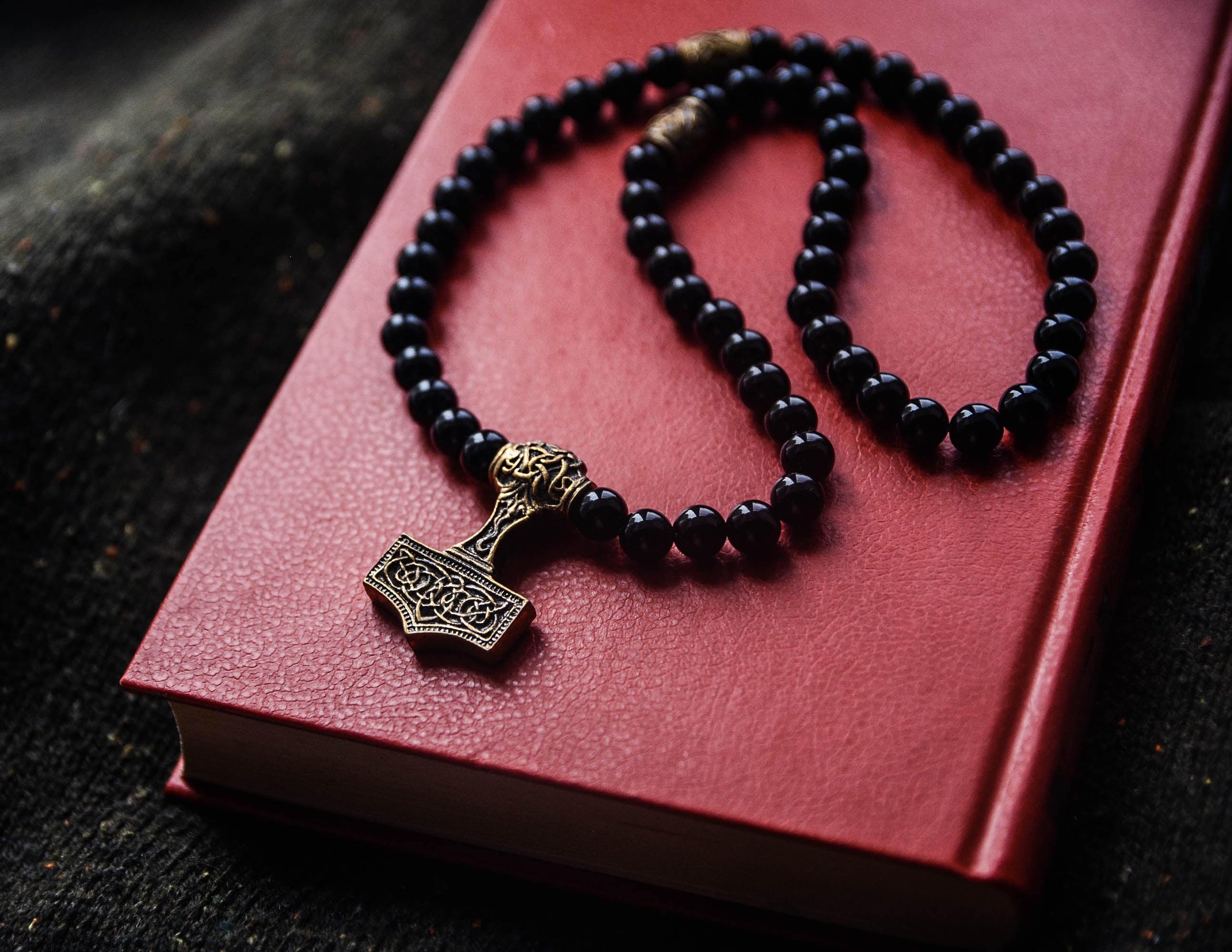 Thor's Hammer with Agate and Scandinavian Beads Pendant, Bronze and Natural Stone — Viking Symbol