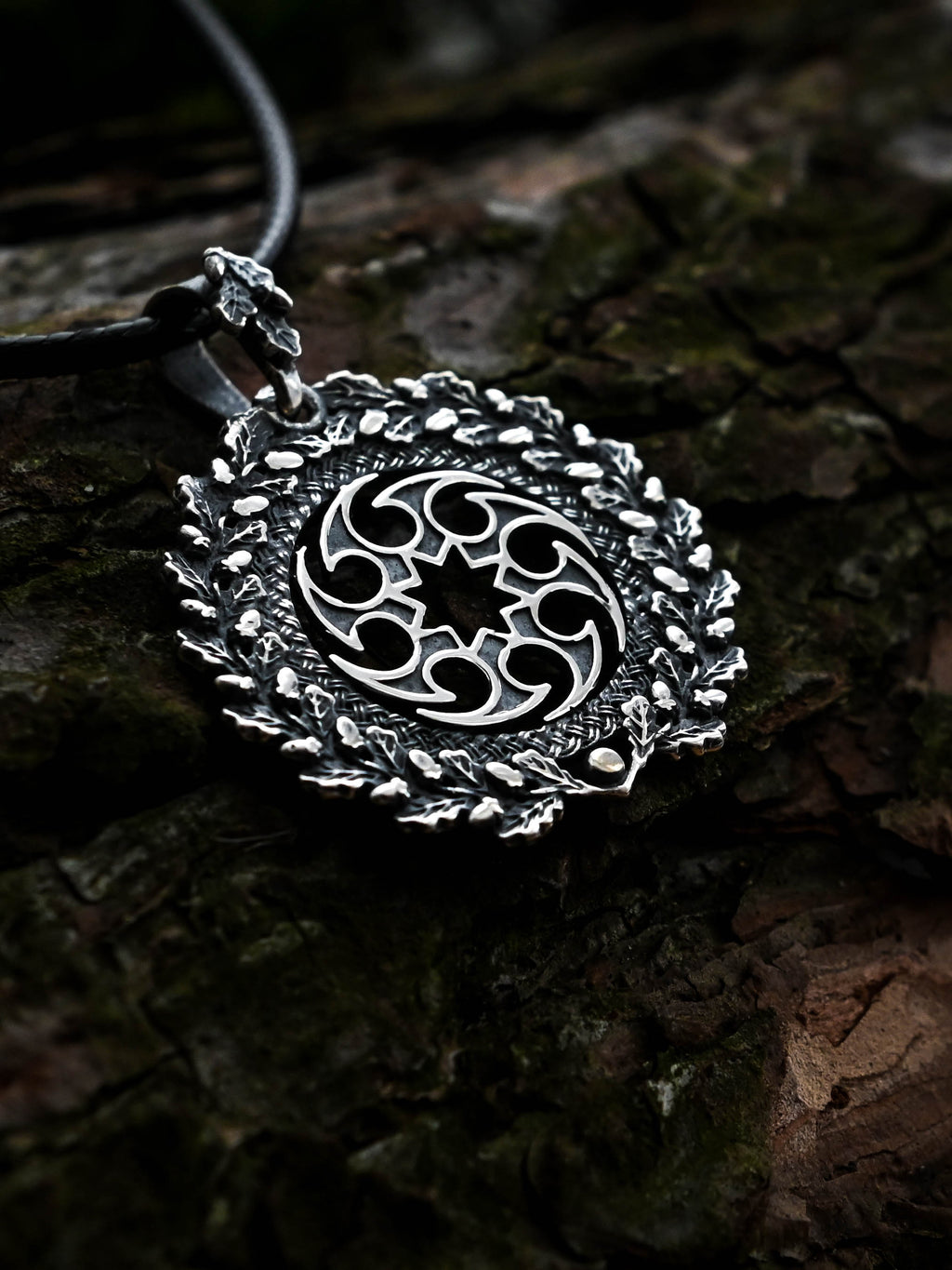 Solntsevorot (Sun Wheel) Amulet in Oak Wreath, Sterling Silver 925 — Slavic, Viking & Norse Symbol Pendant
