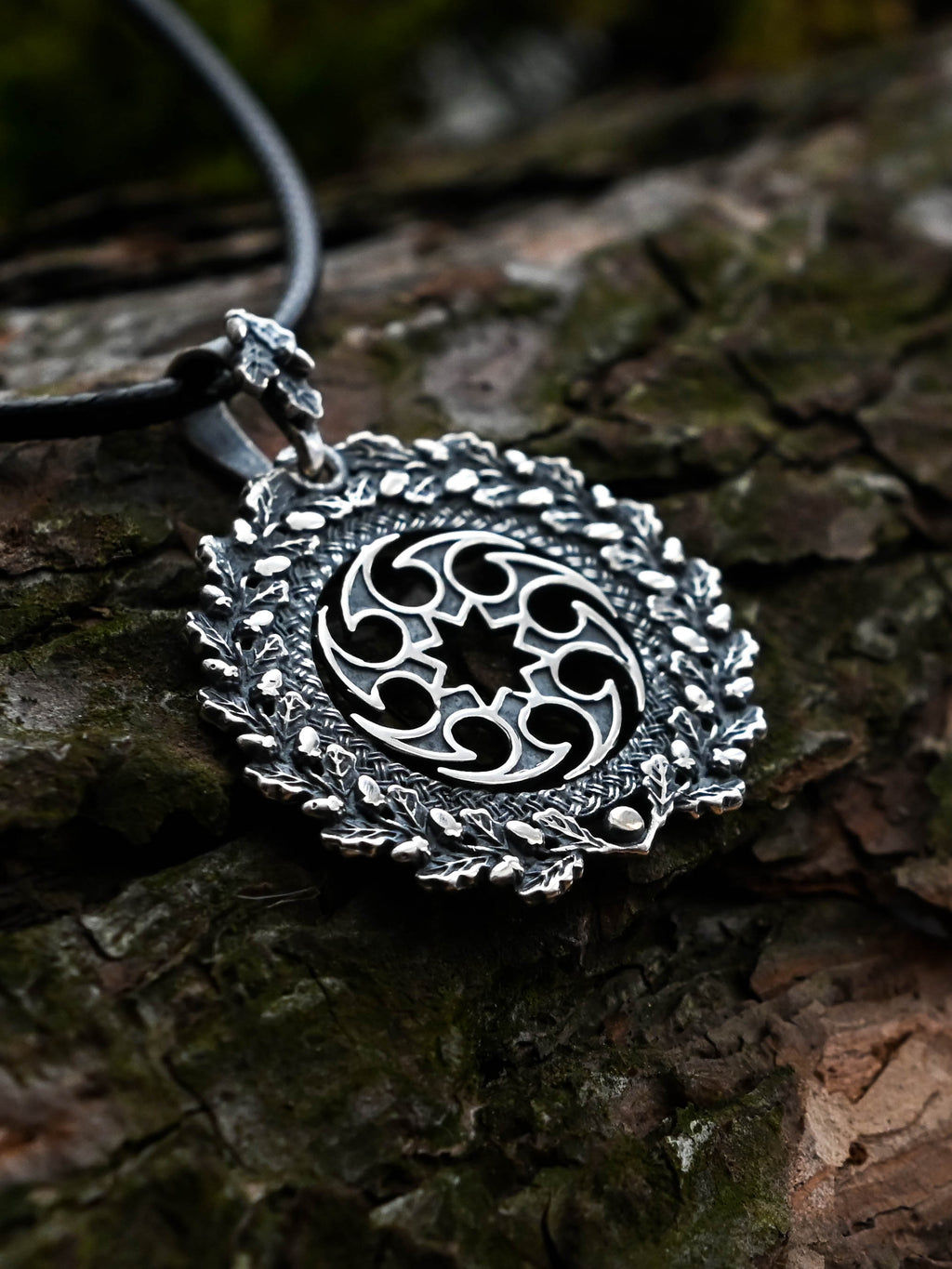 Solntsevorot (Sun Wheel) Amulet in Oak Wreath, Sterling Silver 925 — Slavic, Viking & Norse Symbol Pendant