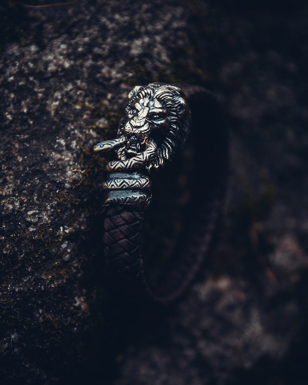 Lion and Snake Bracelet, Natural Leather and Bronze