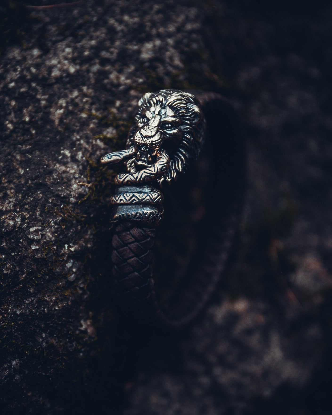 Lion and Snake Bracelet, Natural Leather and Bronze