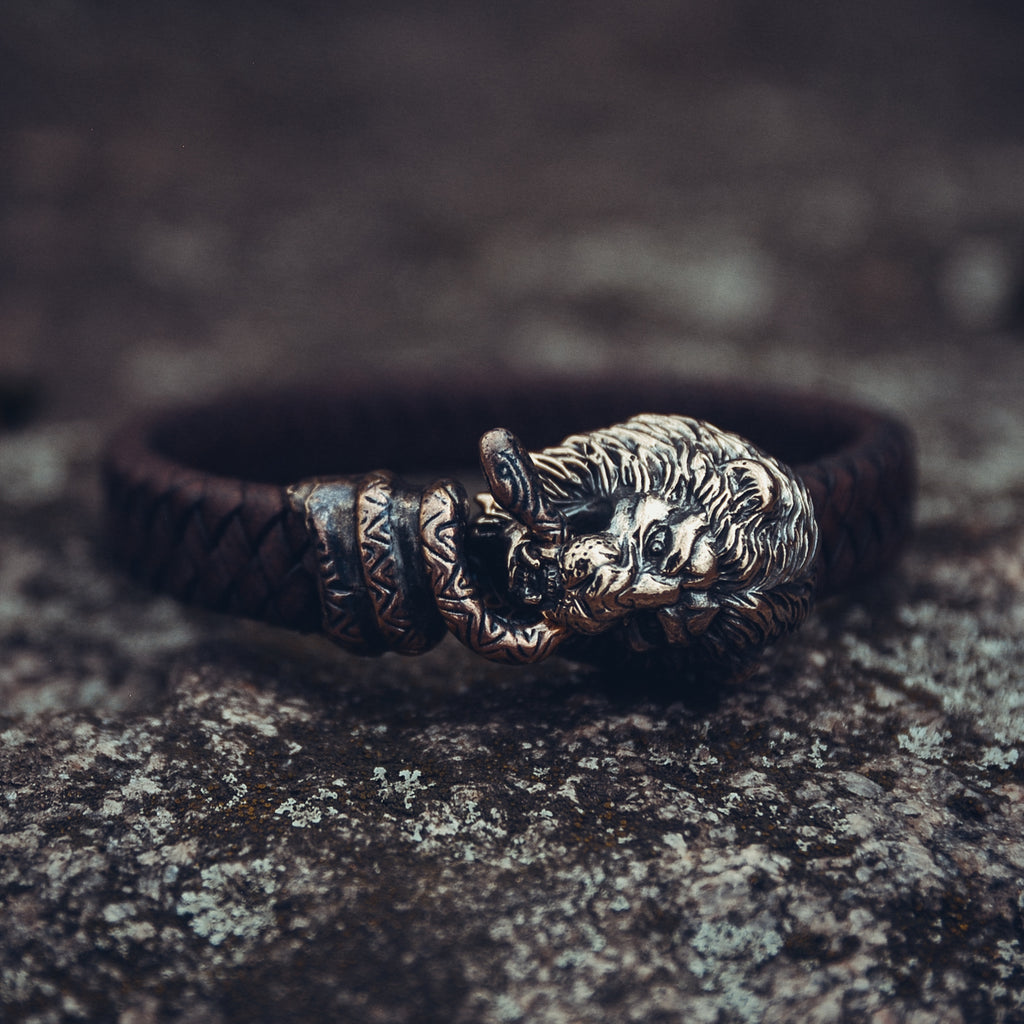 Lion and Snake Bracelet, Natural Leather and Bronze