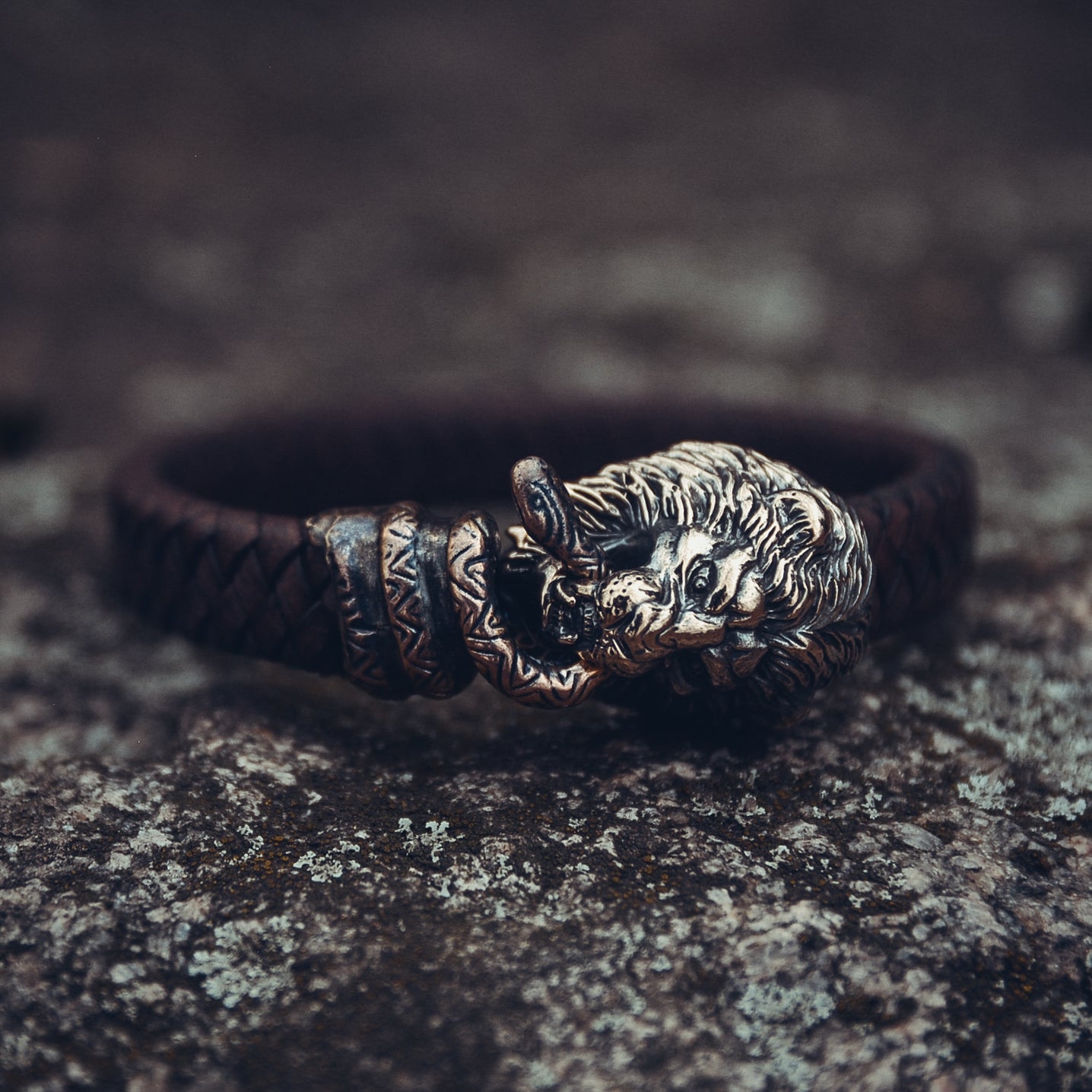 Lion and Snake Bracelet, Natural Leather and Bronze