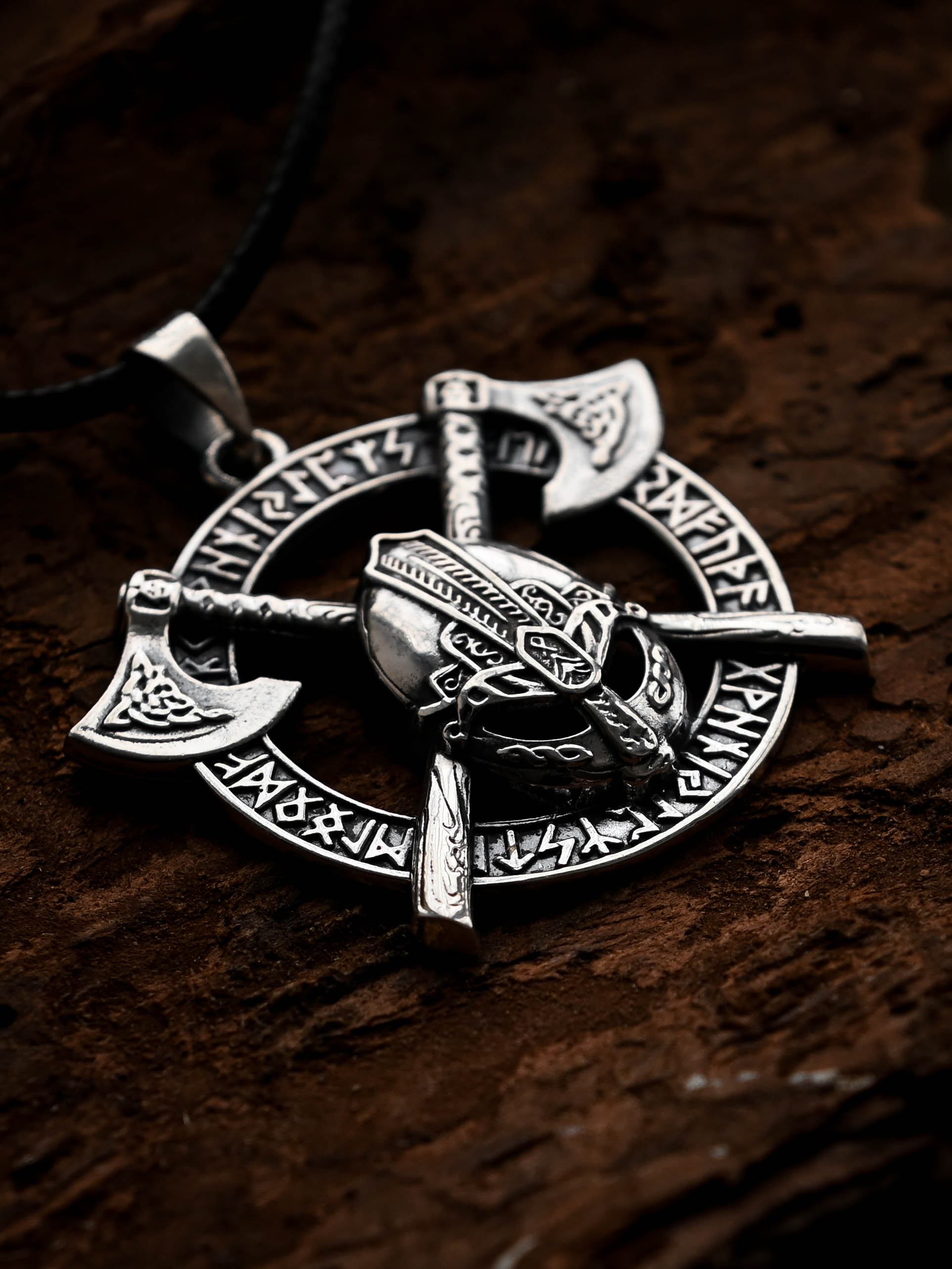Viking Helmet Amulet in Futhark, Sterling Silver 925 — Viking Symbol Pendant