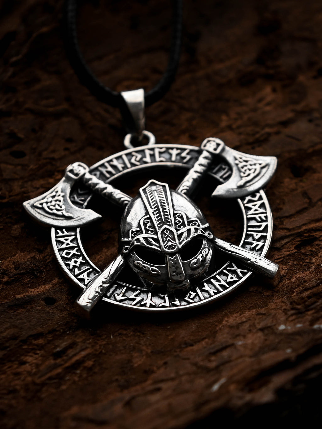 Viking Helmet Amulet in Futhark, Sterling Silver 925 — Viking Symbol Pendant