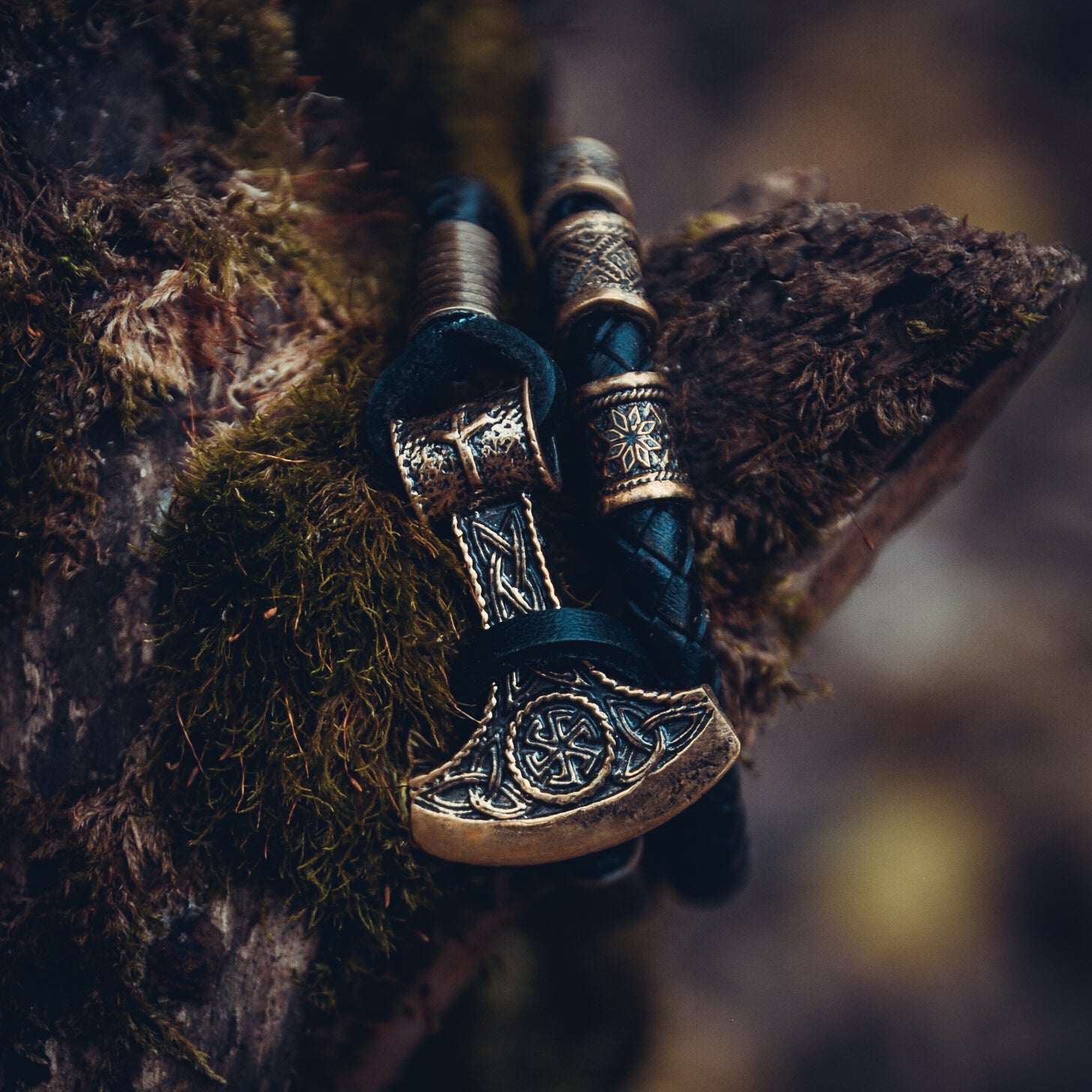 Perun's Axe with Beads Bracelet, Natural Leather and Bronze