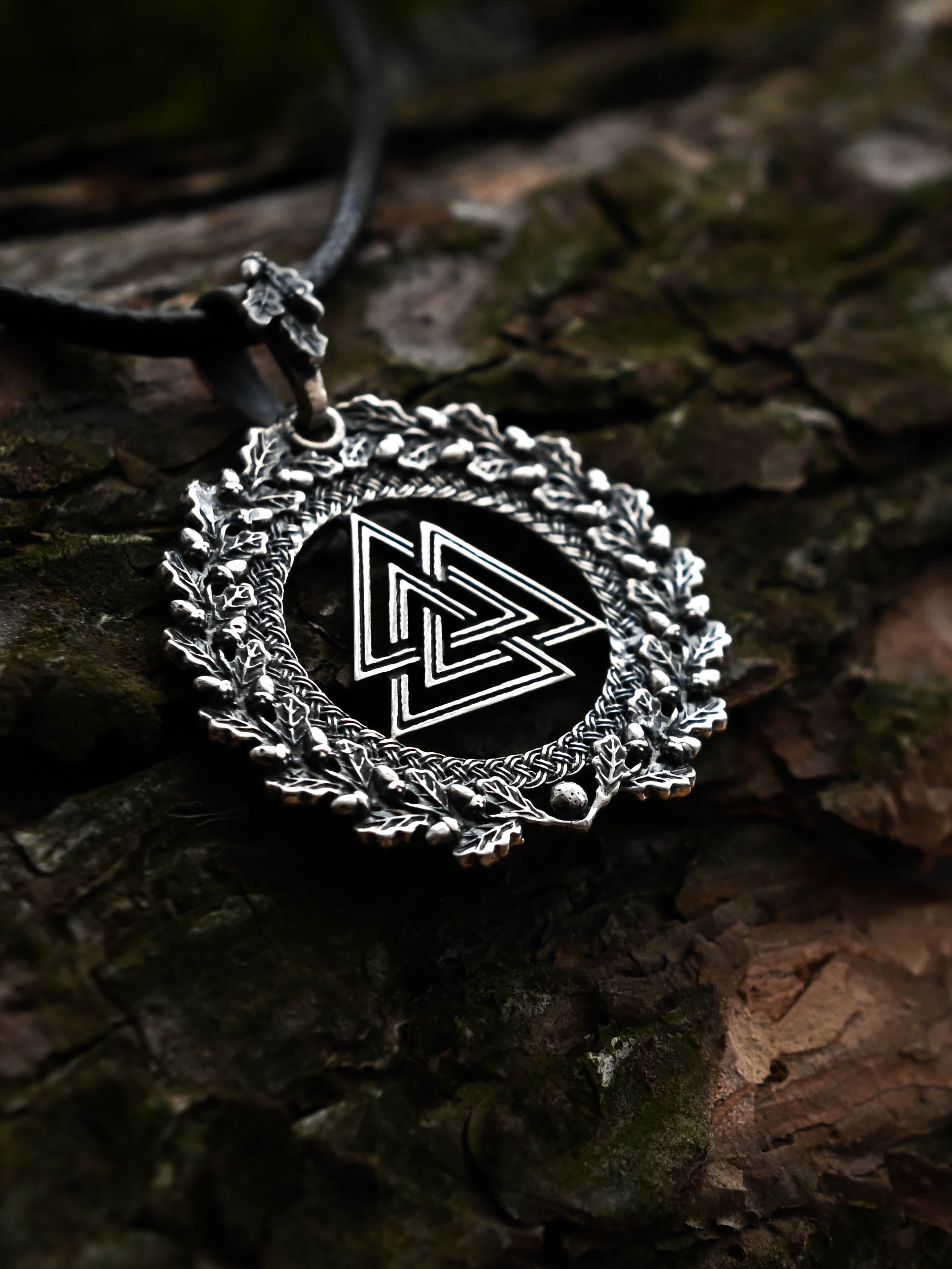 Valknut Amulet in Oak Wreath, Sterling Silver 925 — Viking, Norse & Slavic Symbol Pendant