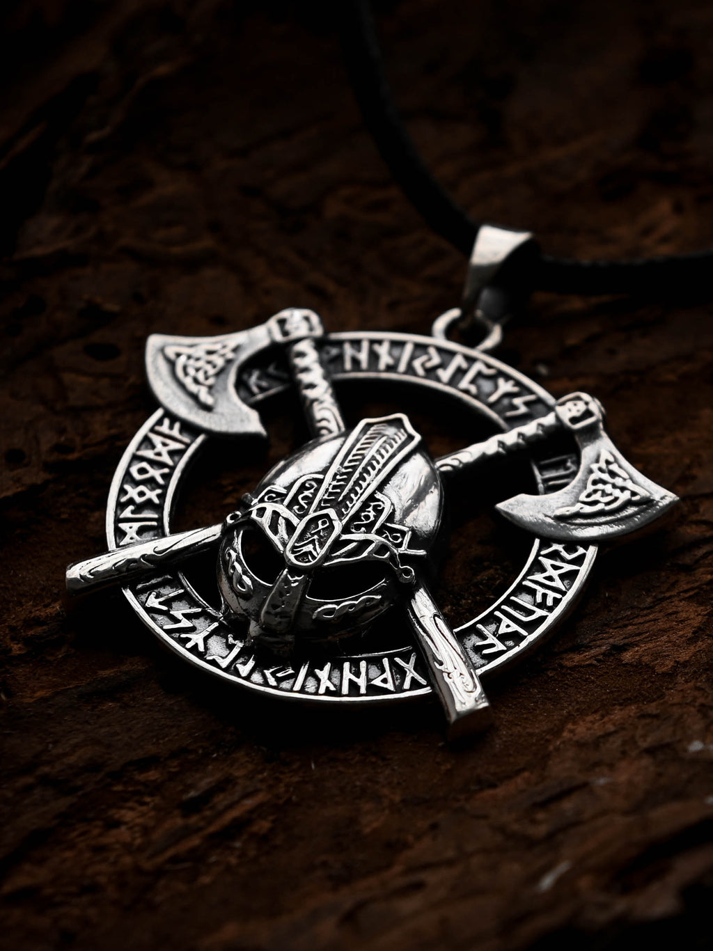 Viking Helmet Amulet in Futhark, Sterling Silver 925 — Viking Symbol Pendant