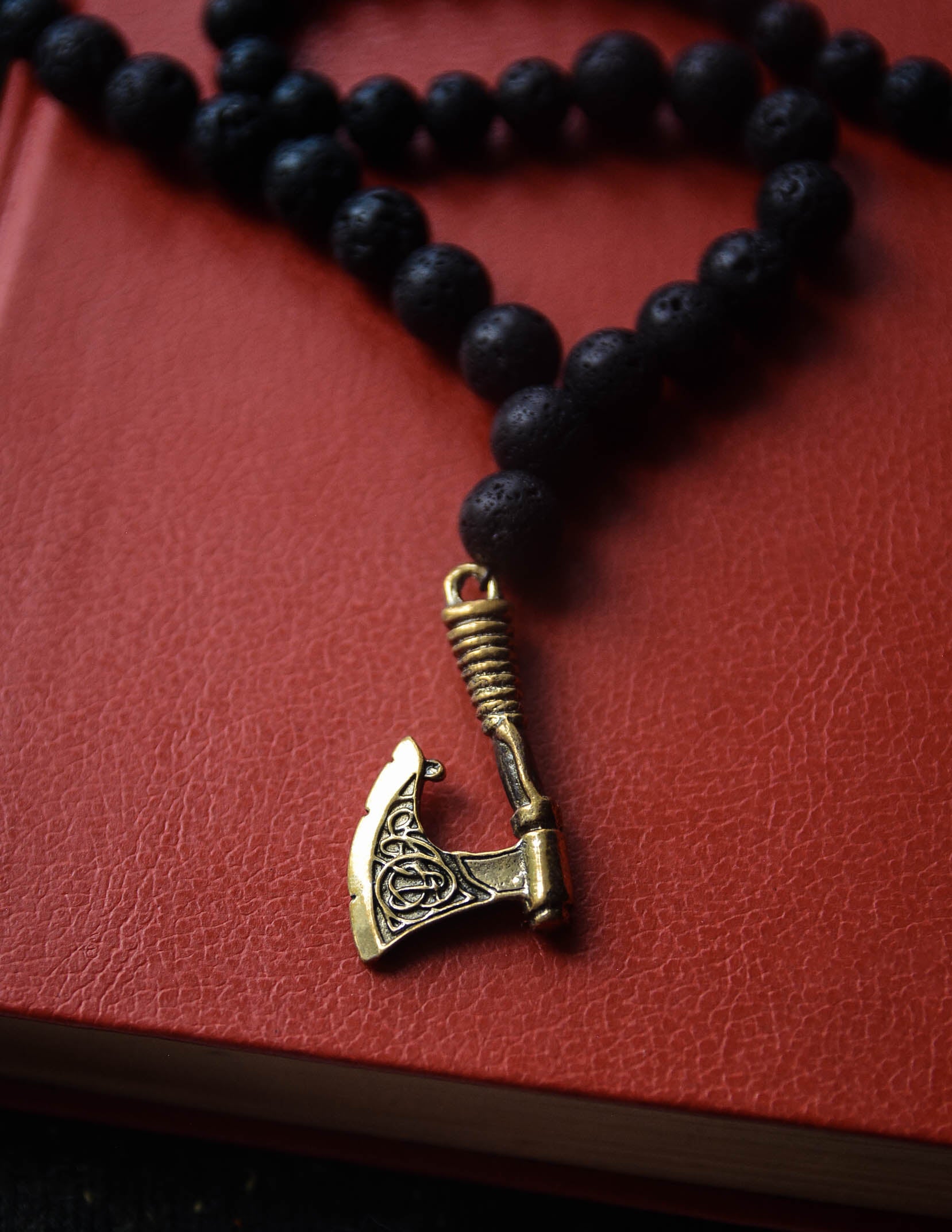 Viking Axe with Lava Stone Pendant, Bronze and Natural Stone — Viking Symbol