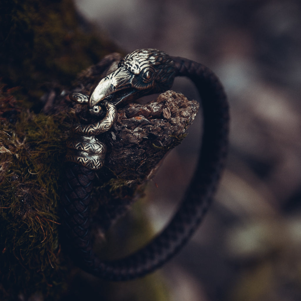 Raven and Snake Bracelet, Natural Leather and Bronze