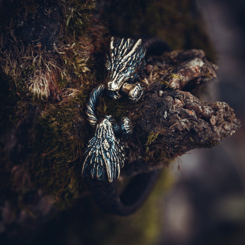 Two Dragons Bracelet, Natural Leather and Bronze