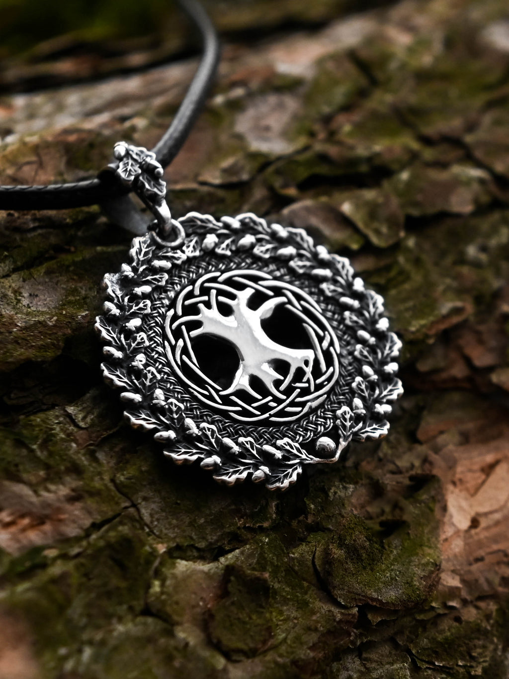 World Tree (Yggdrasil) Amulet in Oak Wreath, Sterling Silver 925 — Norse, Slavic & Viking Symbol Pendant