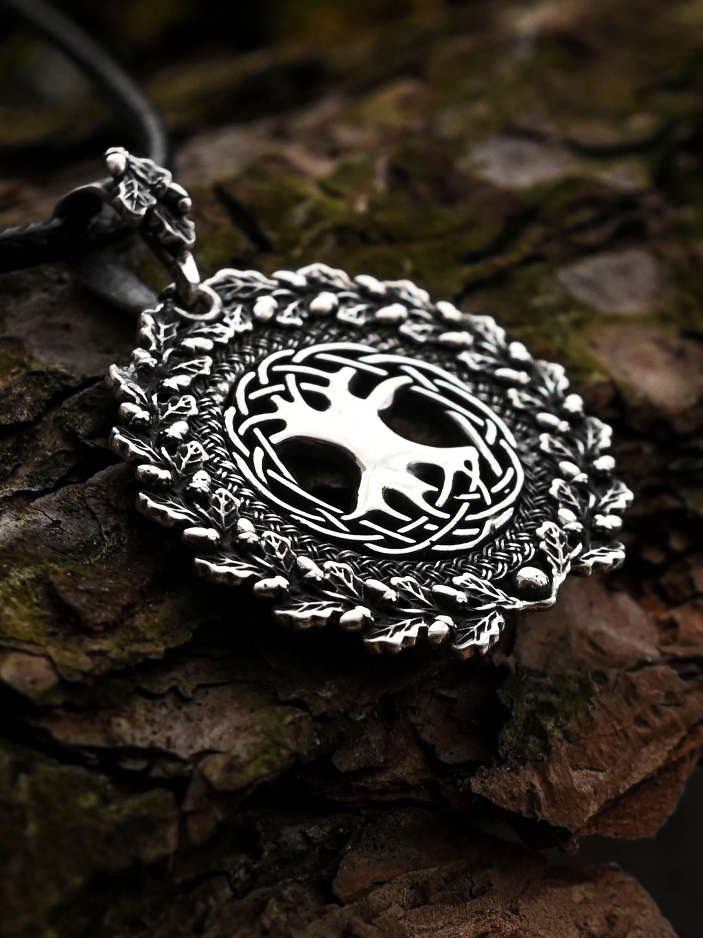 World Tree (Yggdrasil) Amulet in Oak Wreath, Sterling Silver 925 — Norse, Slavic & Viking Symbol Pendant