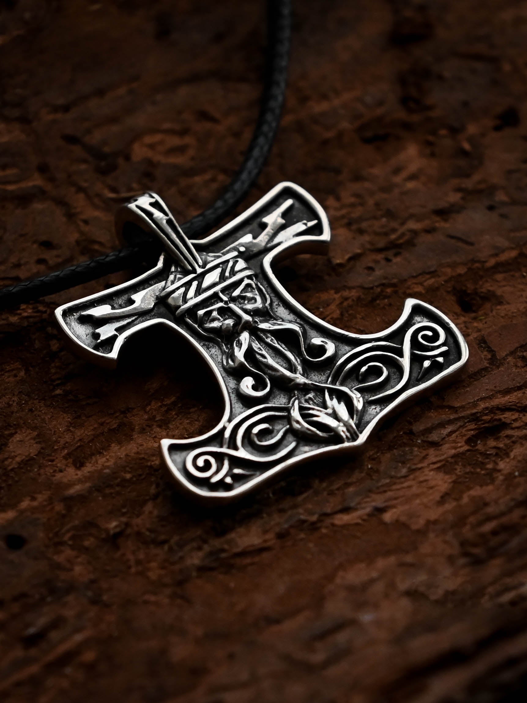 Thor's Hammer with the Face of the God Thor, Sterling Silver 925 — Viking Symbol Pendant