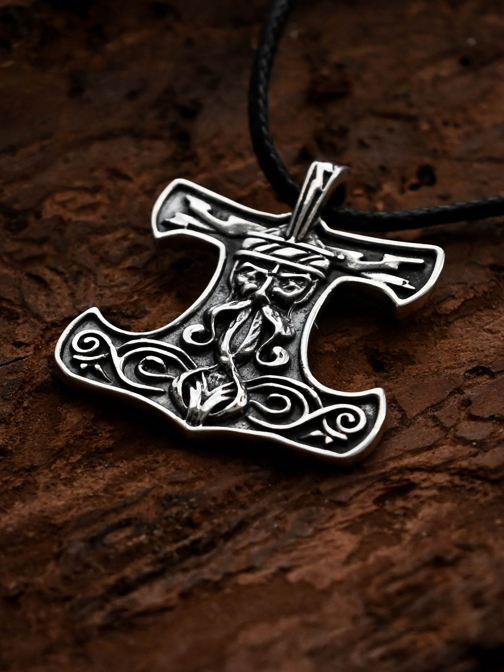 Thor's Hammer with the Face of the God Thor, Sterling Silver 925 — Viking Symbol Pendant