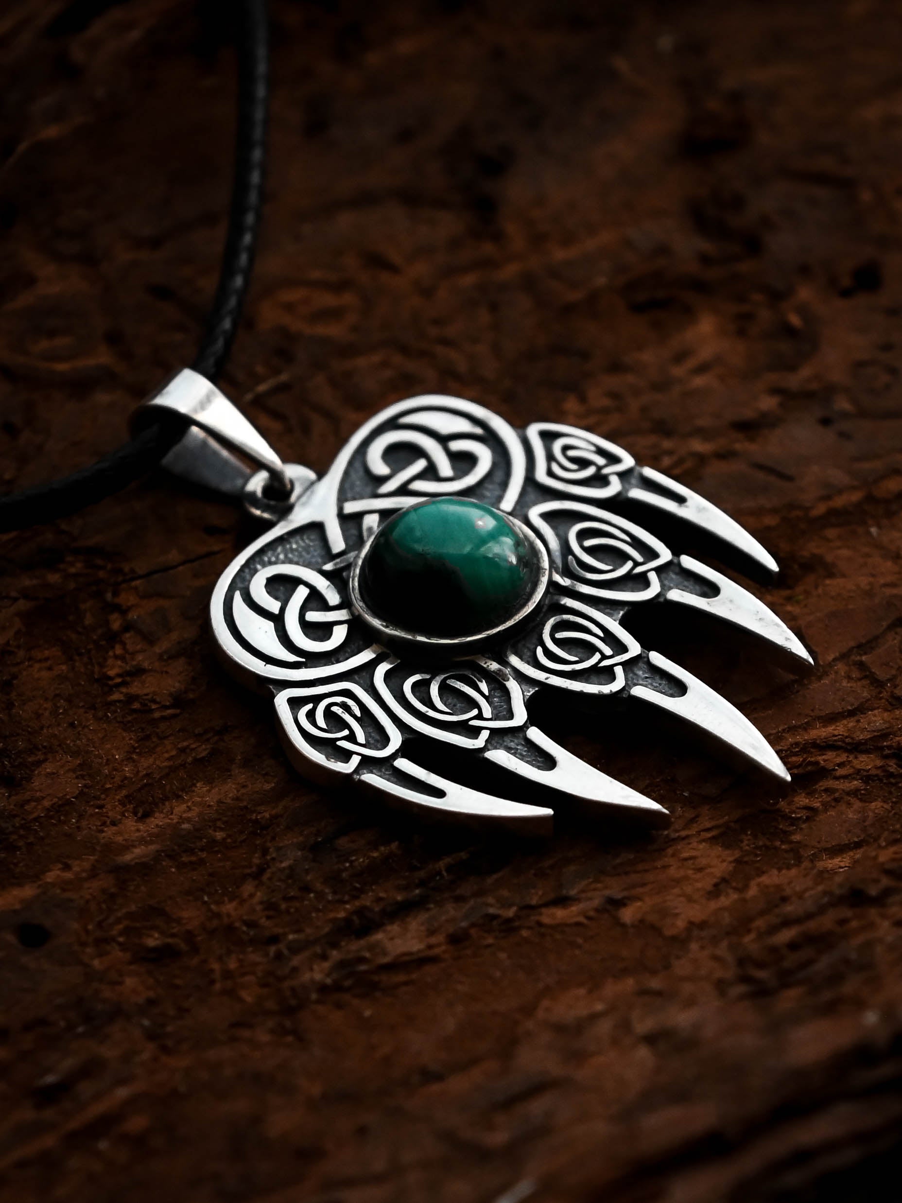 Bear Paw Amulet with Jade Stone, Sterling Silver 925 — Viking & Slavic Symbol Pendant