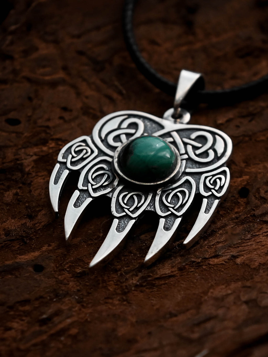 Bear Paw Amulet with Jade Stone, Sterling Silver 925 — Viking & Slavic Symbol Pendant