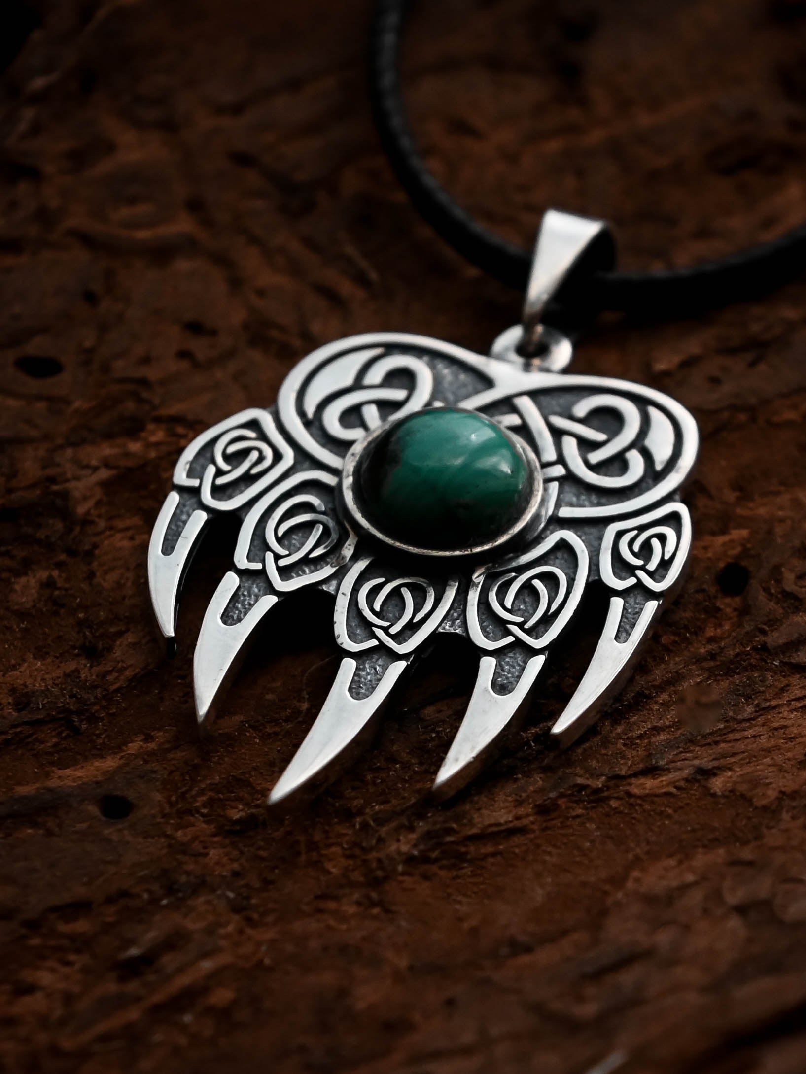 Bear Paw Amulet with Jade Stone, Sterling Silver 925 — Viking & Slavic Symbol Pendant