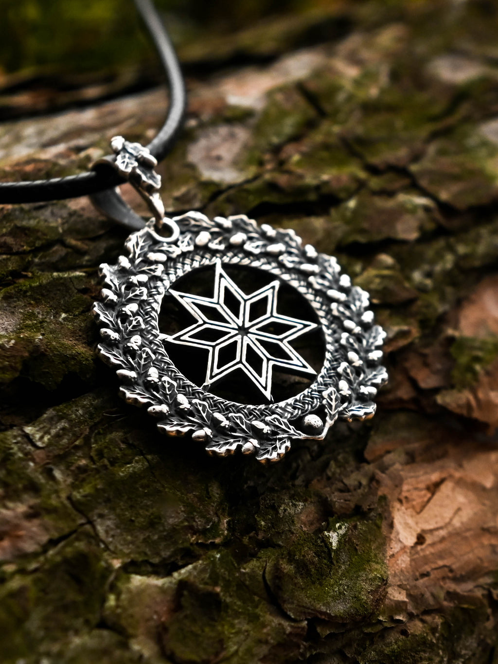 Alatyr Amulet in Oak Wreath, Sterling Silver 925 — Slavic, Viking & Norse Symbol Pendant