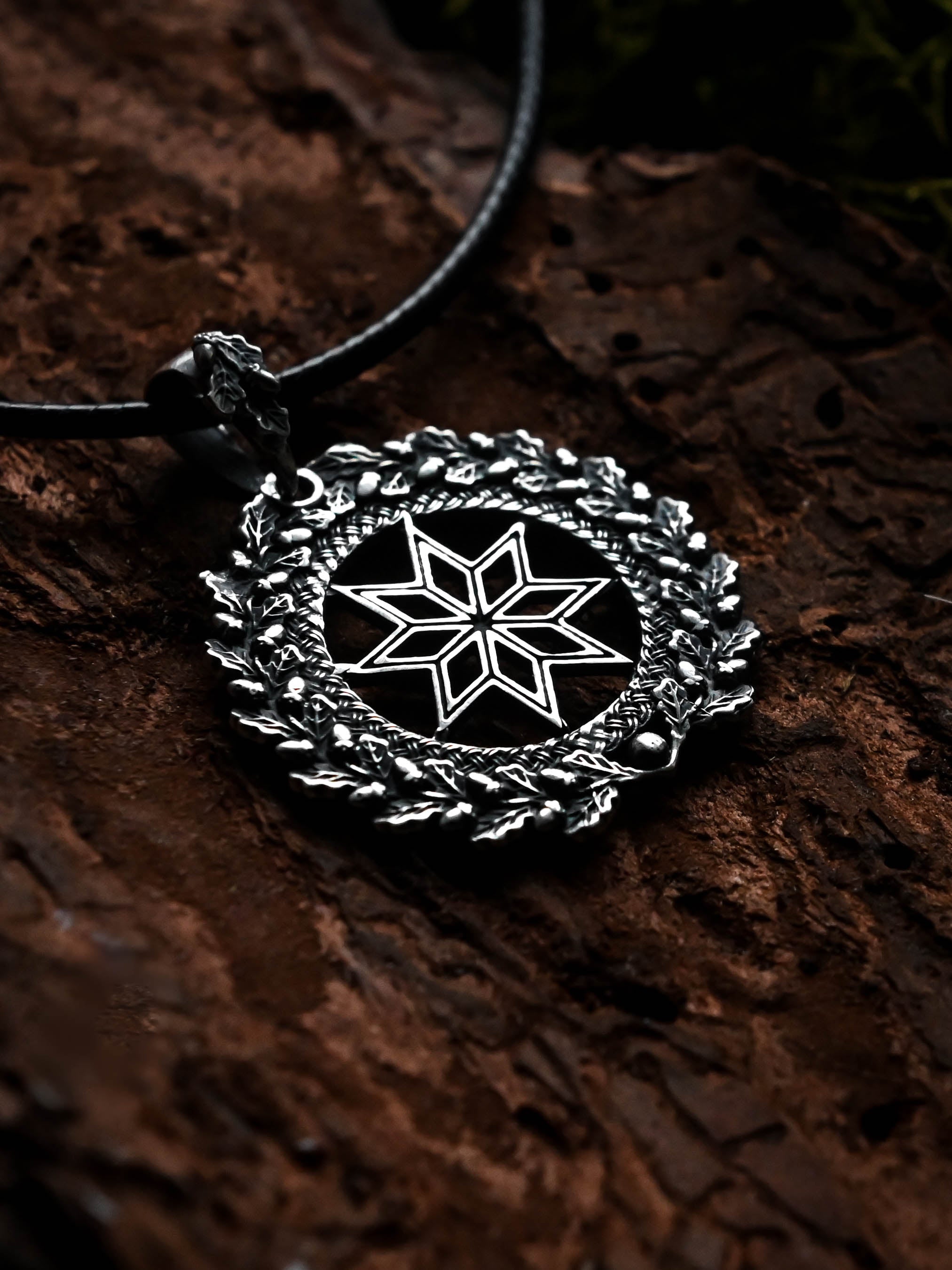 Alatyr Amulet in Oak Wreath, Sterling Silver 925 — Slavic, Viking & Norse Symbol Pendant