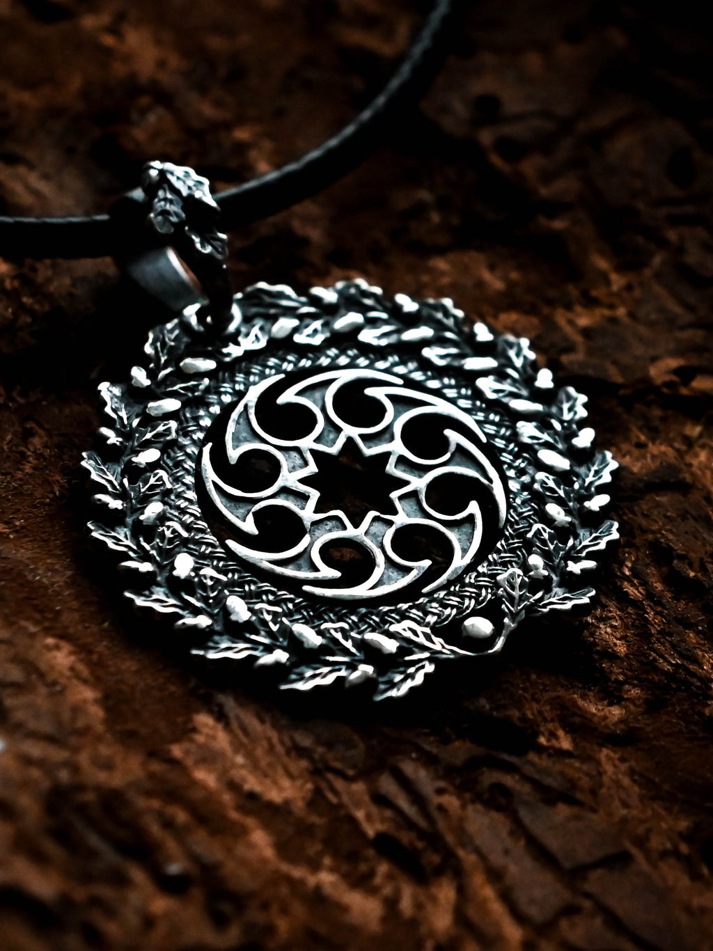 Solntsevorot (Sun Wheel) Amulet in Oak Wreath, Sterling Silver 925 — Slavic, Viking & Norse Symbol Pendant