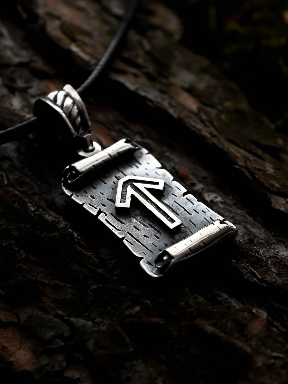 Tiwaz Rune Amulet on a Scroll, Sterling Silver 925 — Viking & Norse Symbol Pendant