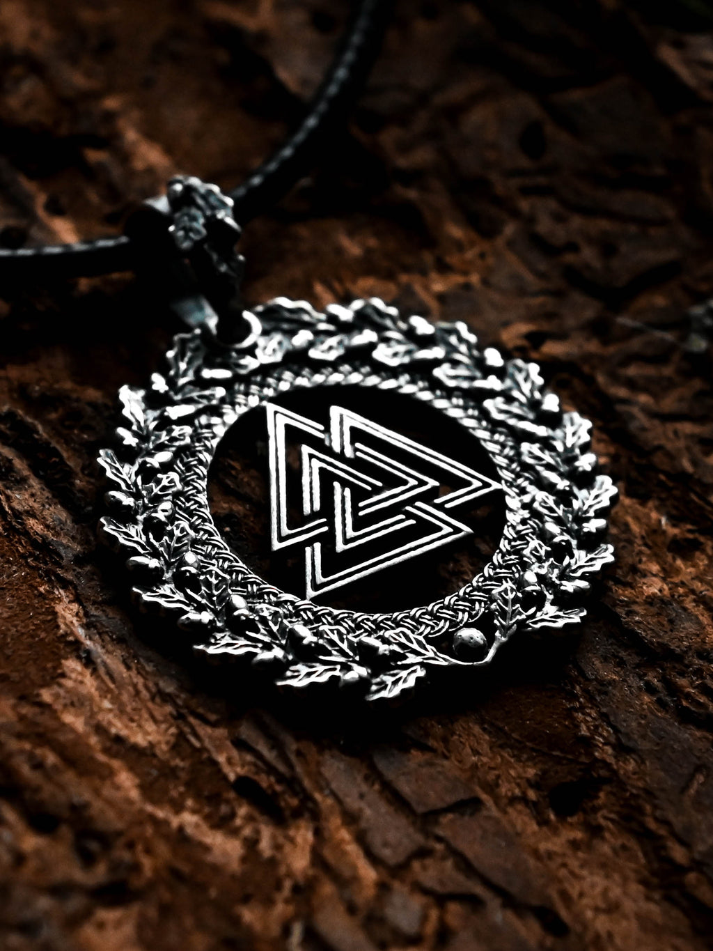 Valknut Amulet in Oak Wreath, Sterling Silver 925 — Viking, Norse & Slavic Symbol Pendant