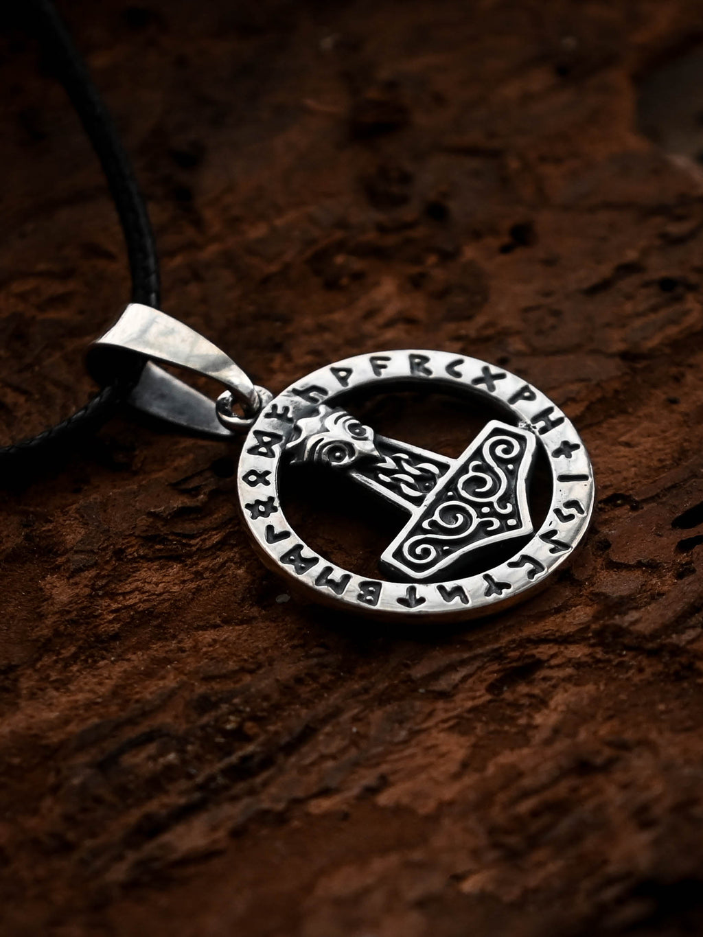 Thor's Hammer (Mjolnir) in Futhark, Sterling Silver 925 — Viking Symbol Pendant