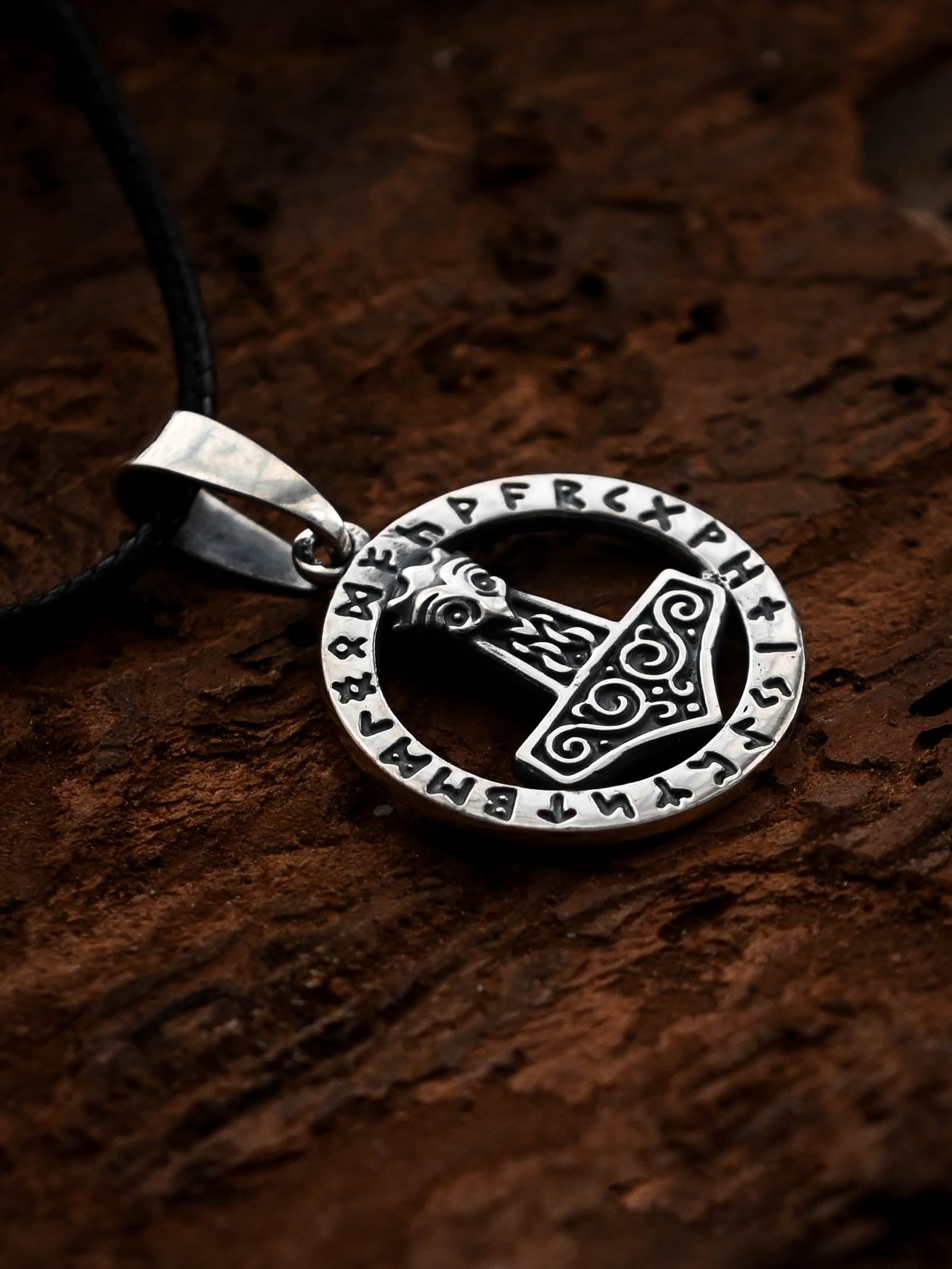 Thor's Hammer (Mjolnir) in Futhark, Sterling Silver 925 — Viking Symbol Pendant