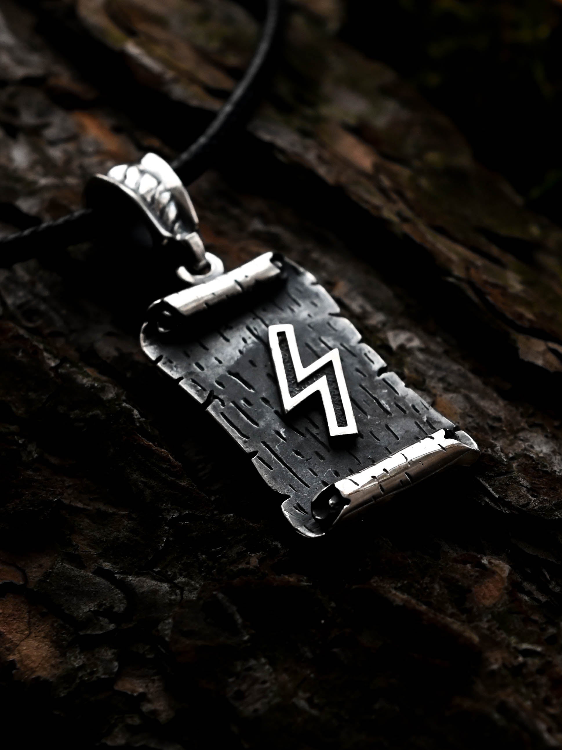 Sowilo Rune Amulet on a Scroll, Sterling Silver 925 — Viking & Norse Symbol Pendant