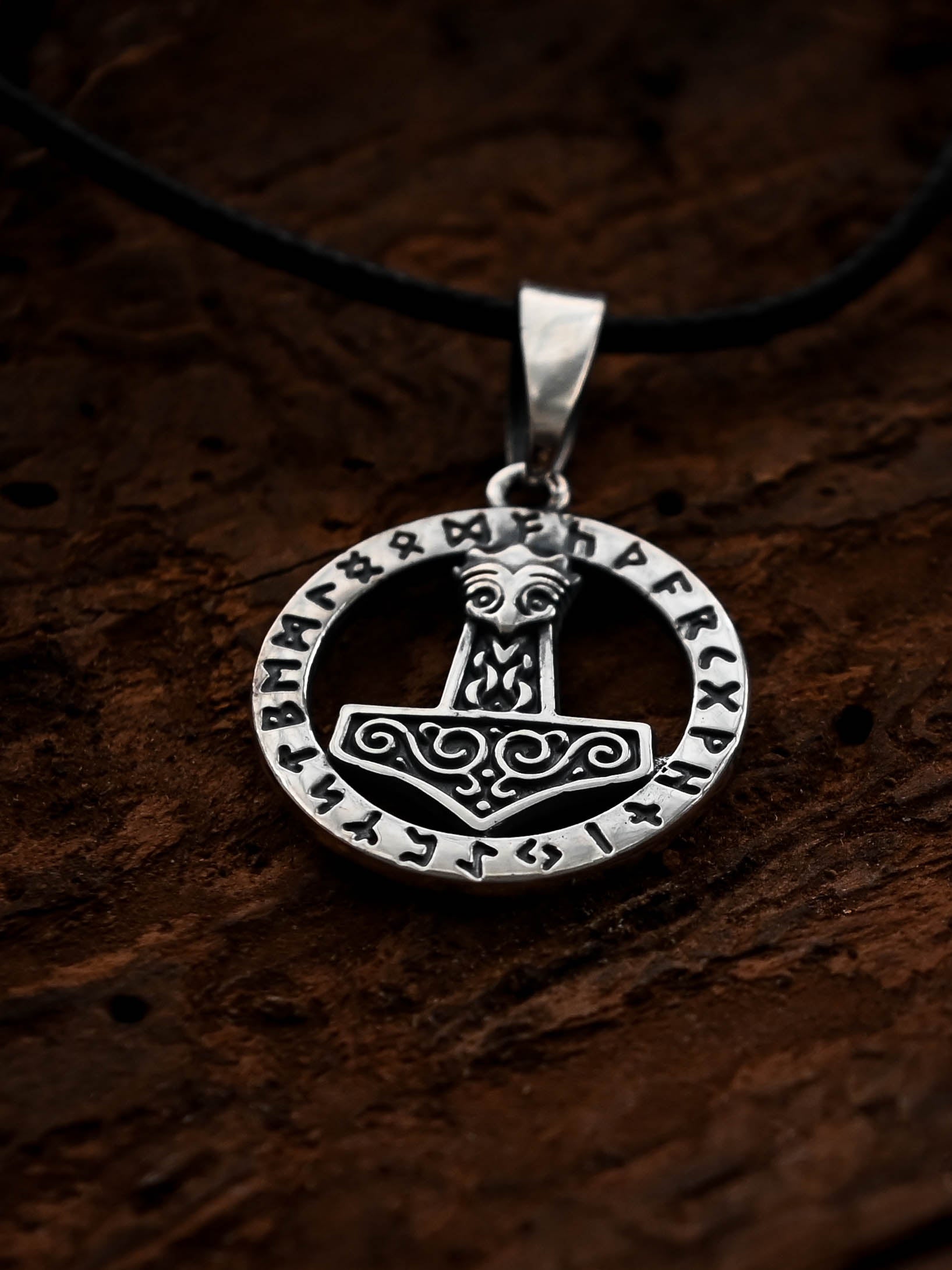 Thor's Hammer (Mjolnir) in Futhark, Sterling Silver 925 — Viking Symbol Pendant