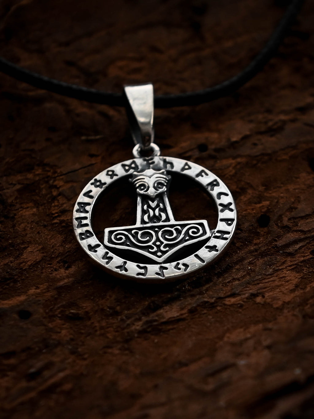Thor's Hammer (Mjolnir) in Futhark, Sterling Silver 925 — Viking Symbol Pendant
