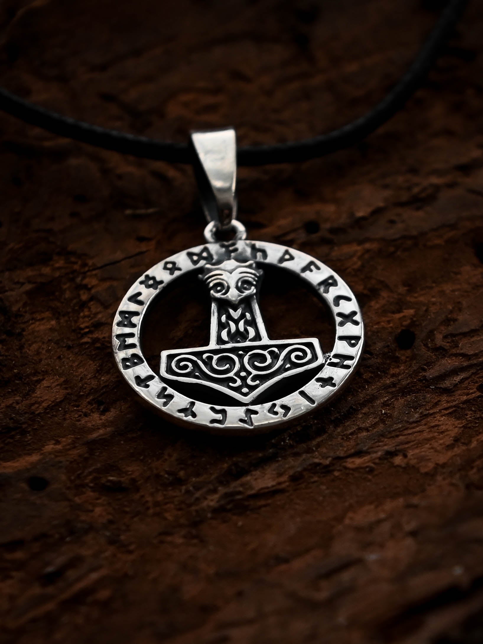 Thor's Hammer (Mjolnir) in Futhark, Sterling Silver 925 — Viking Symbol Pendant