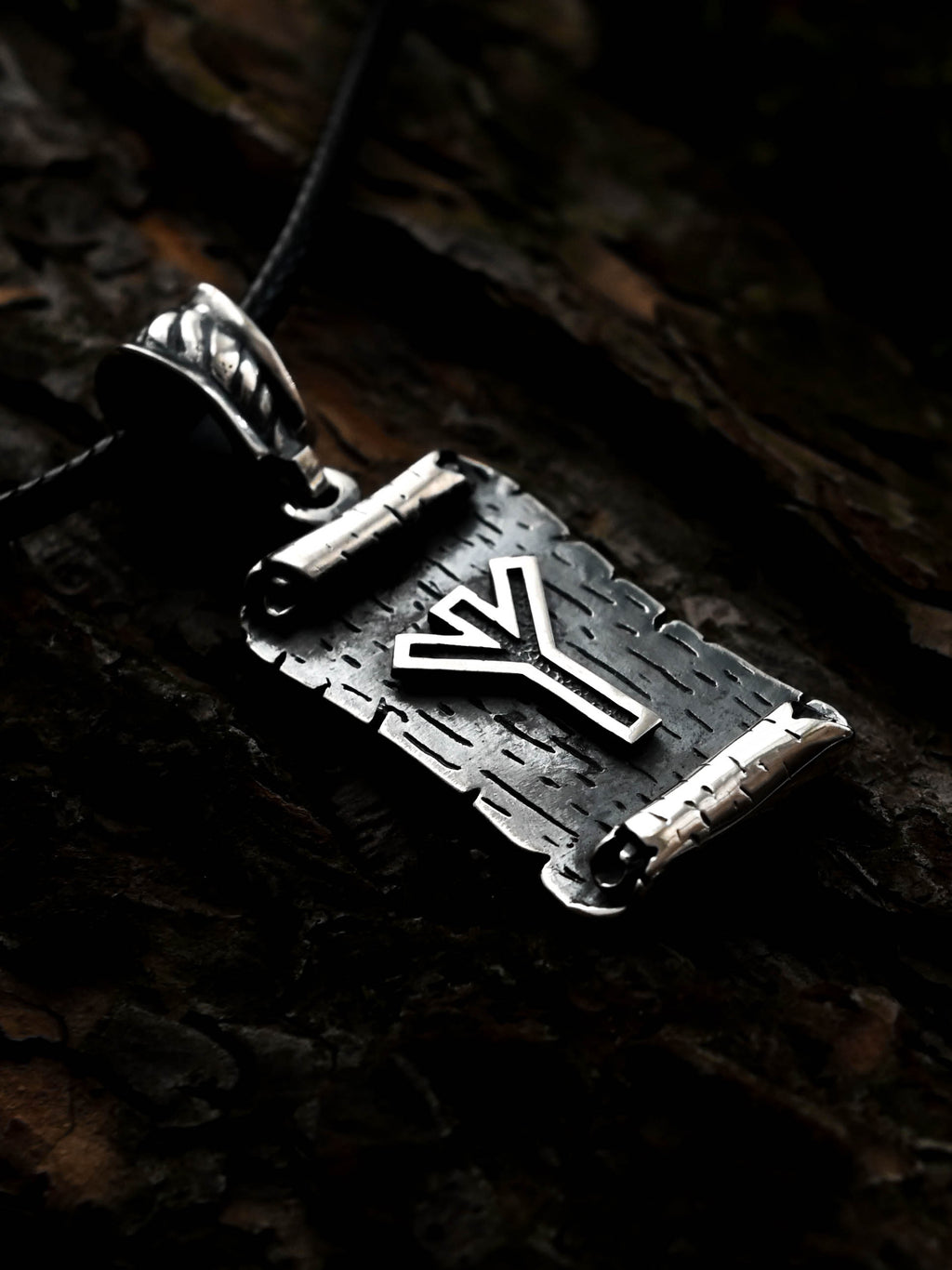 Algiz Rune Amulet on a Scroll, Sterling Silver 925 — Viking & Norse Symbol Pendant