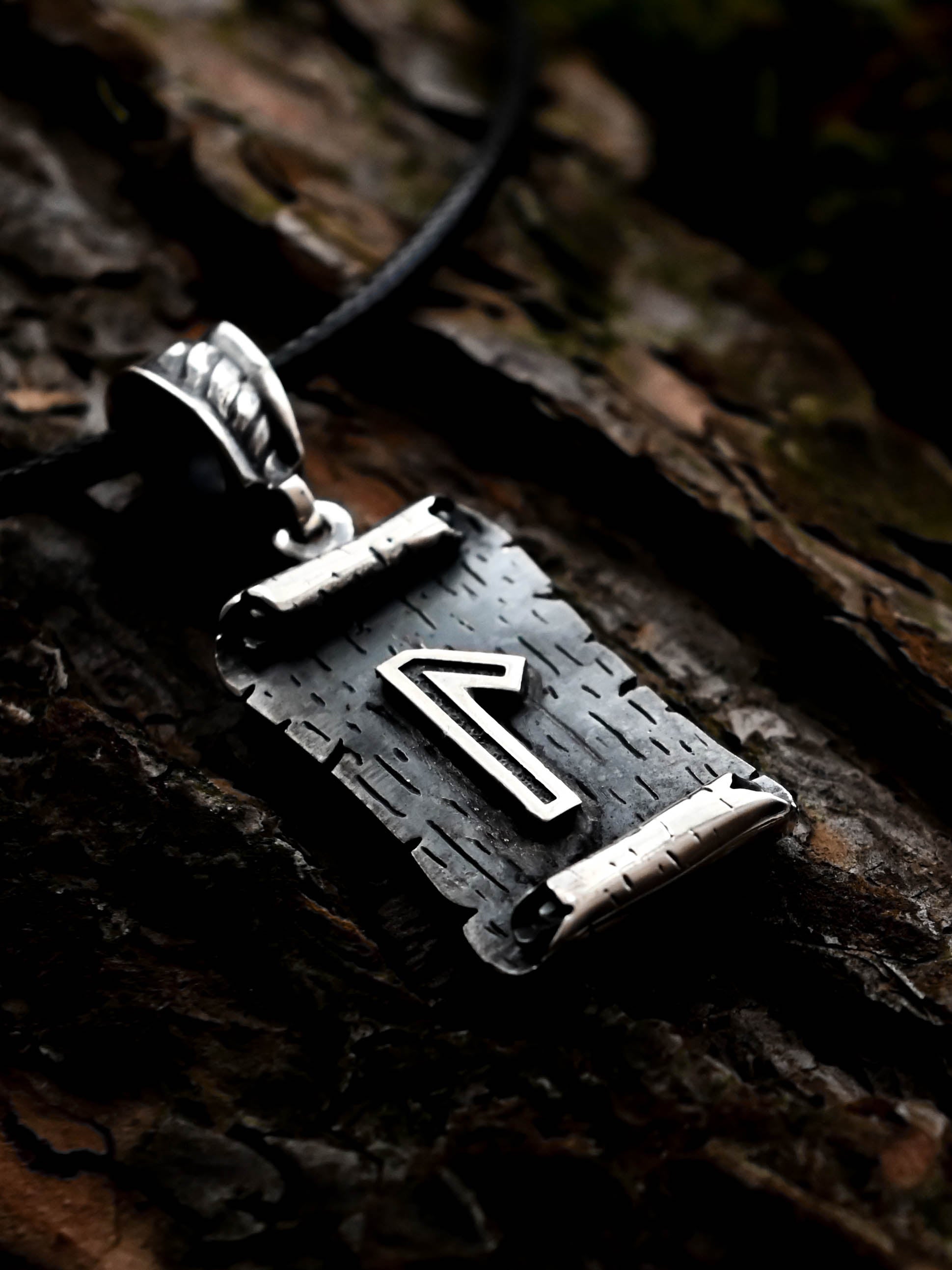 Laguz Rune Amulet on a Scroll, Sterling Silver 925 — Viking & Norse Symbol Pendant