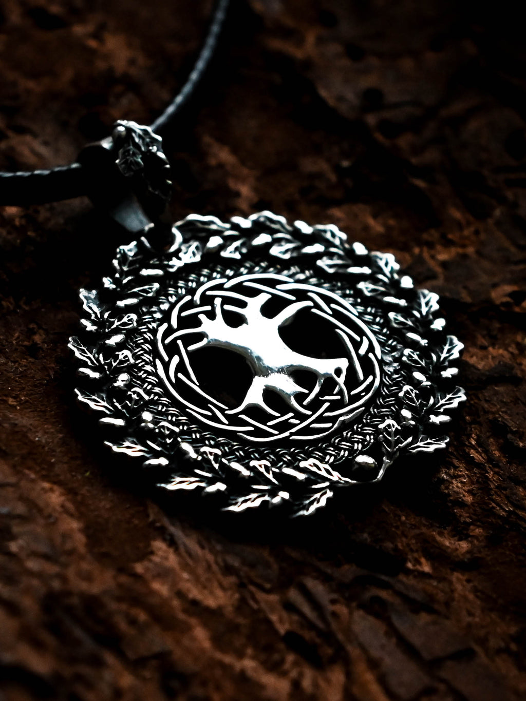 World Tree (Yggdrasil) Amulet in Oak Wreath, Sterling Silver 925 — Norse, Slavic & Viking Symbol Pendant