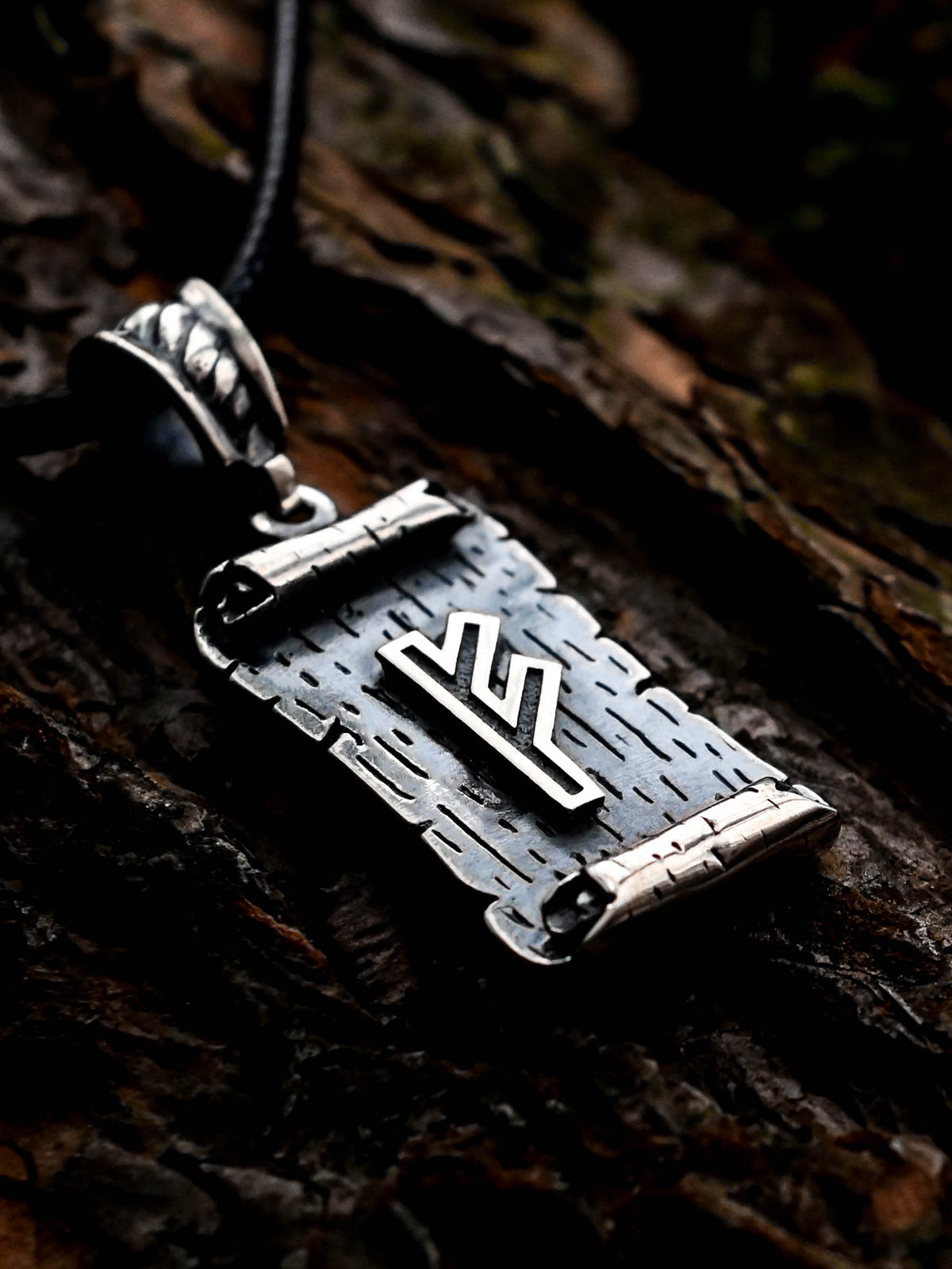 Fehu Rune Amulet on a Scroll, Sterling Silver 925 — Viking & Norse Symbol Pendant