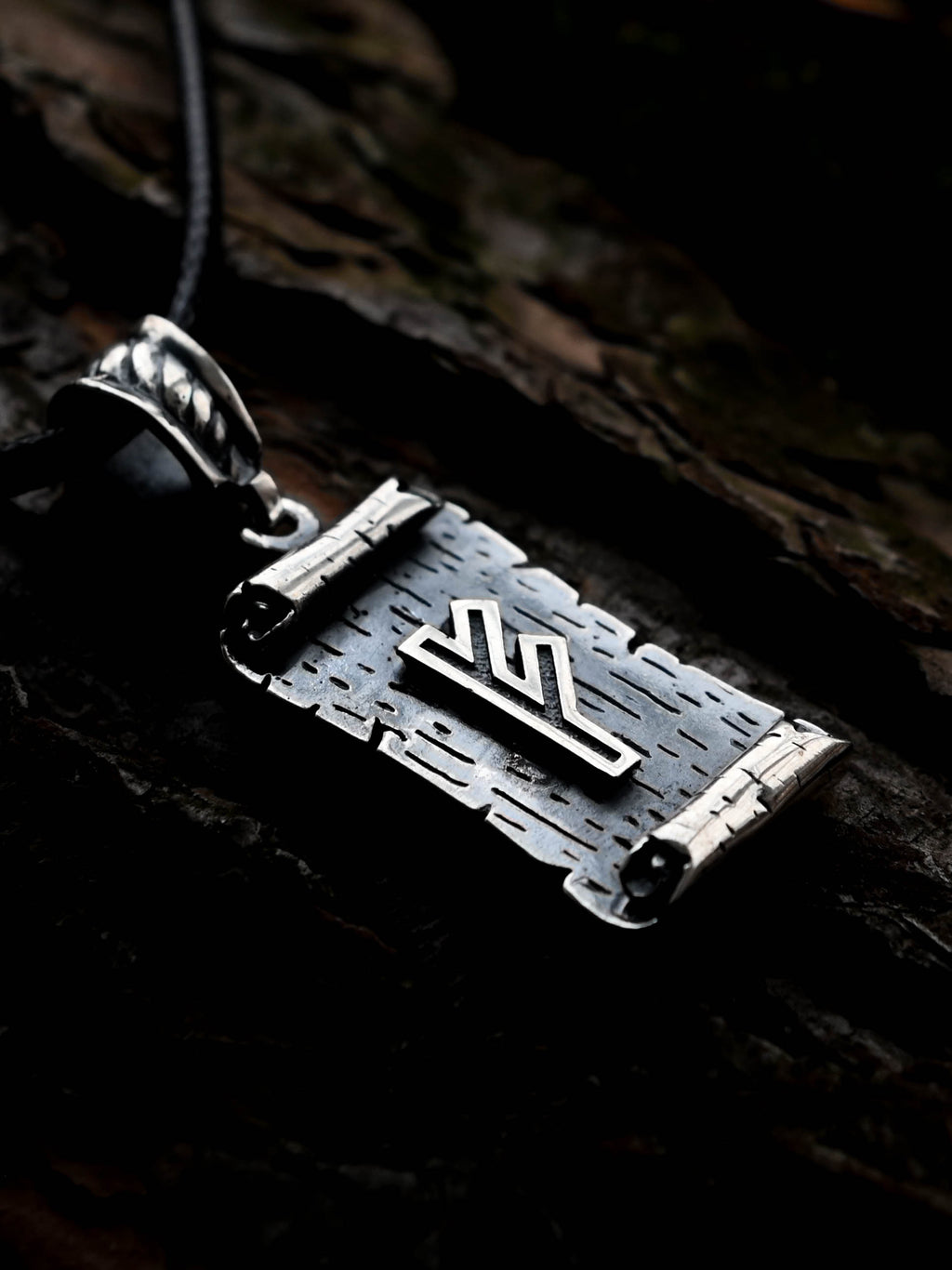 Fehu Rune Amulet on a Scroll, Sterling Silver 925 — Viking & Norse Symbol Pendant