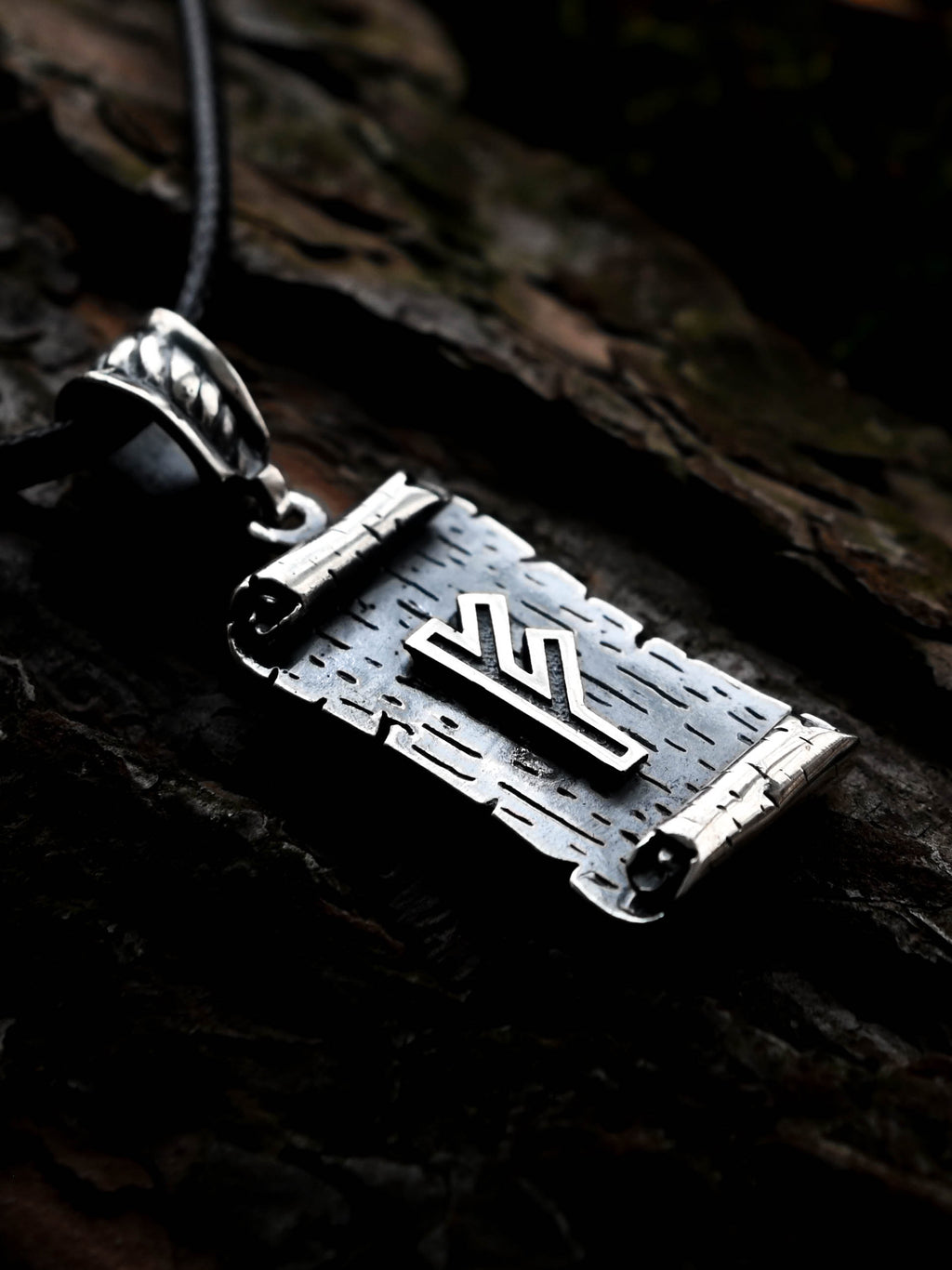 Fehu Rune Amulet on a Scroll, Sterling Silver 925 — Viking & Norse Symbol Pendant