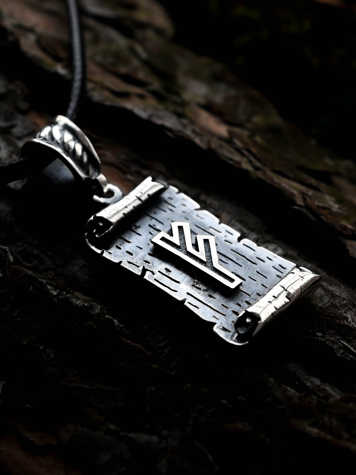 Fehu Rune Amulet on a Scroll, Sterling Silver 925 — Viking & Norse Symbol Pendant