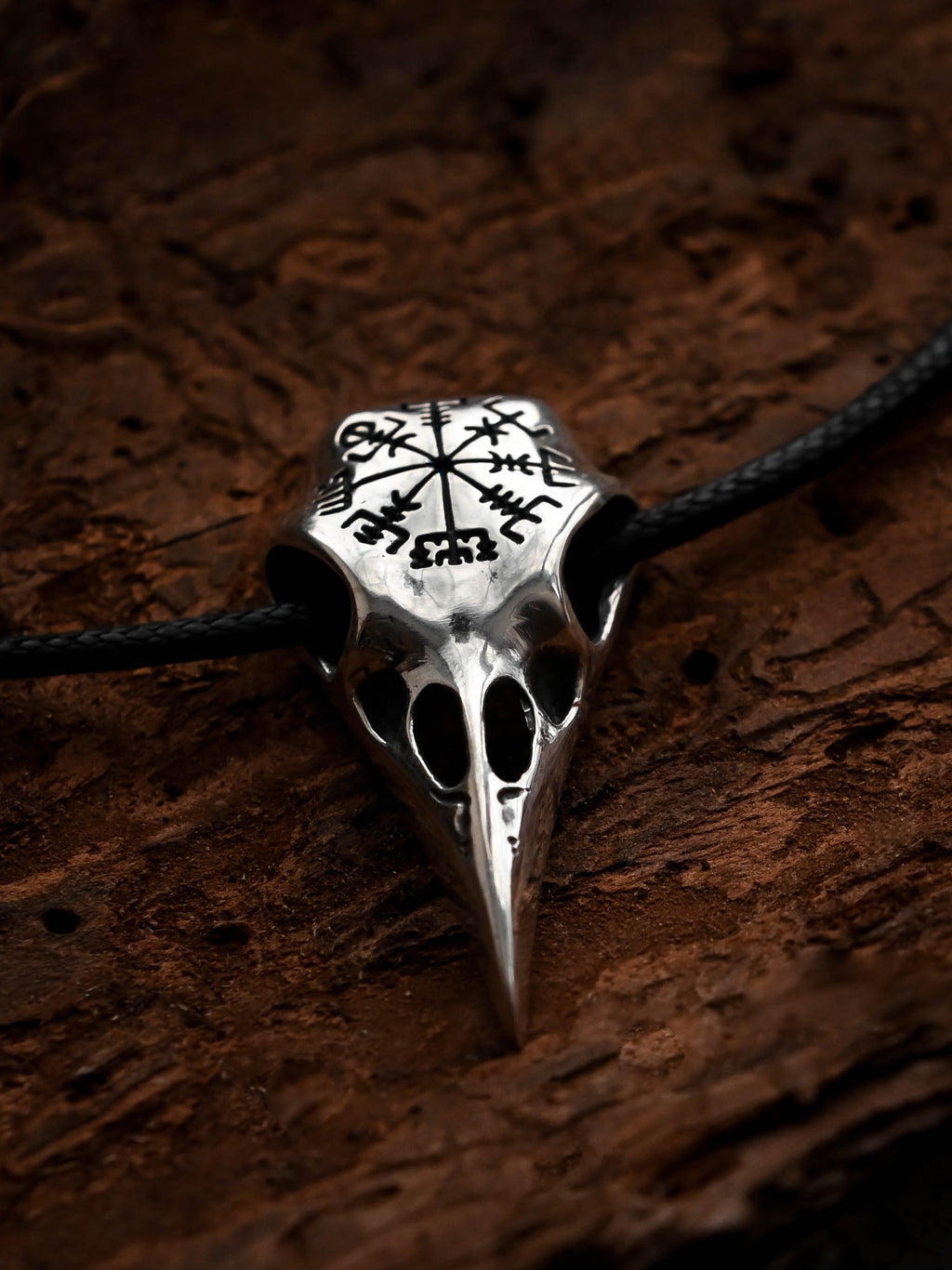 Raven Skull with Vegvisir Symbol, Sterling Silver 925 — Viking Symbol Pendant