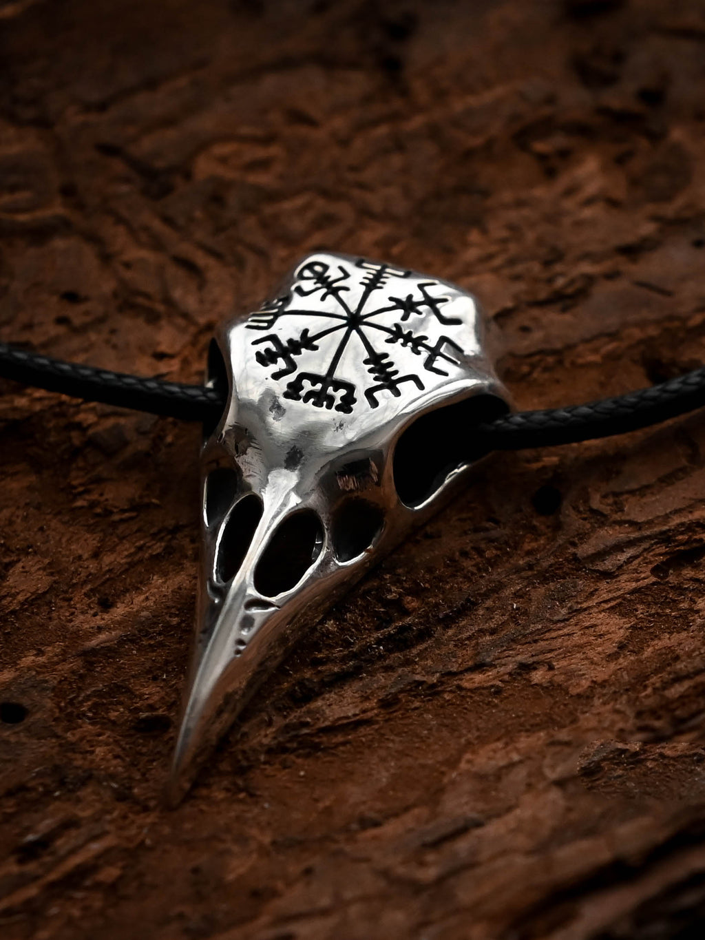 Raven Skull with Vegvisir Symbol, Sterling Silver 925 — Viking Symbol Pendant