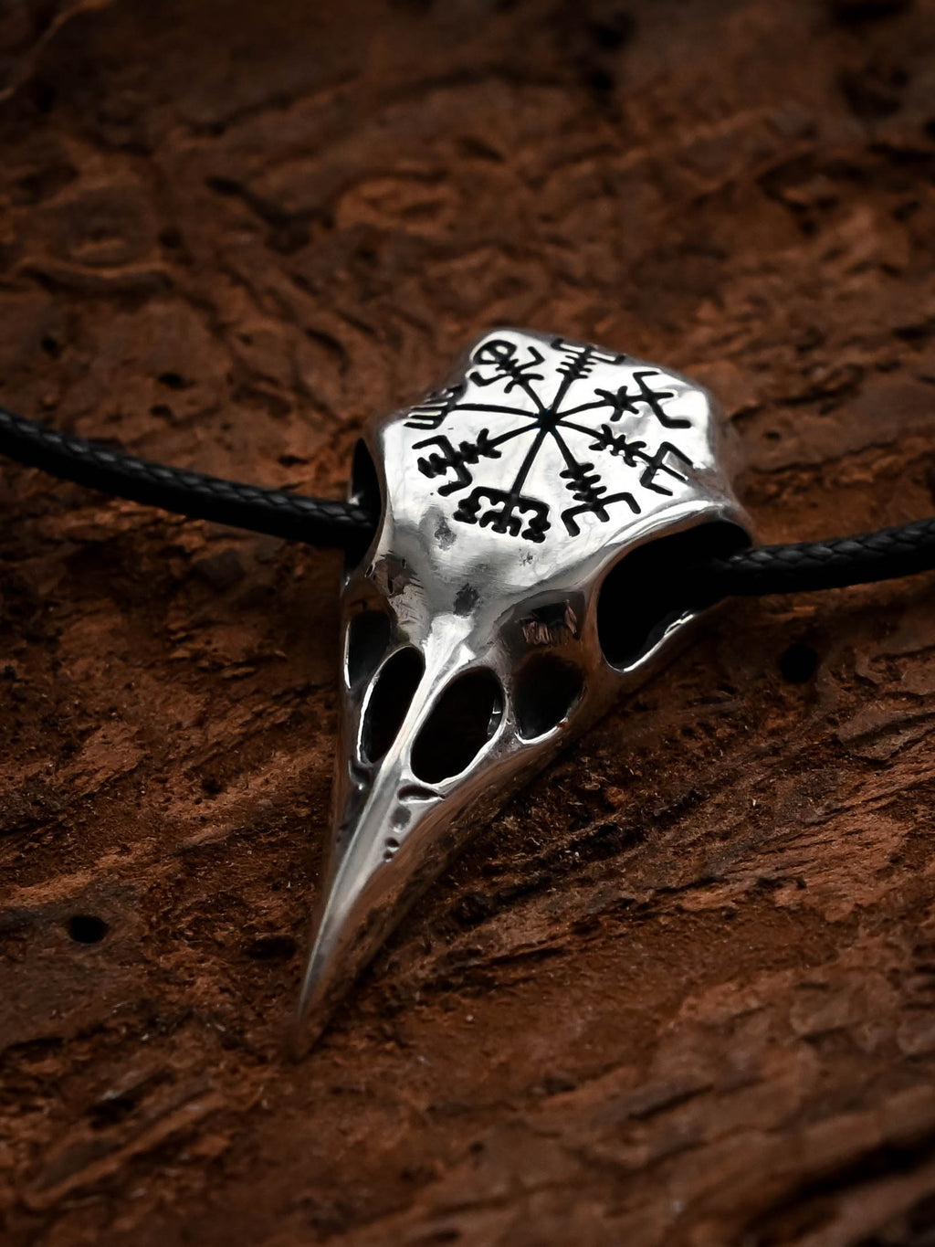 Raven Skull with Vegvisir Symbol, Sterling Silver 925 — Viking Symbol Pendant