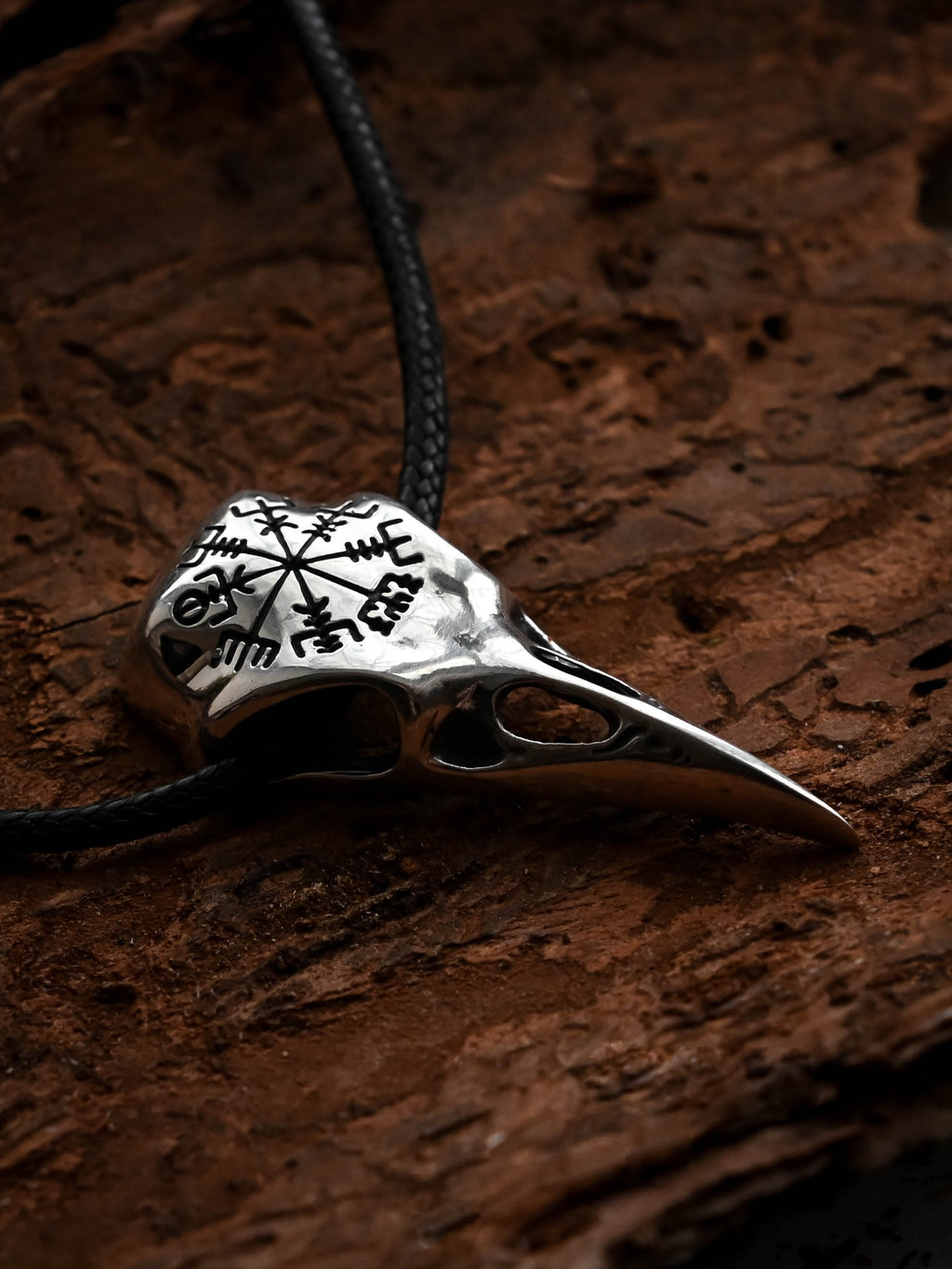 Raven Skull with Vegvisir Symbol, Sterling Silver 925 — Viking Symbol Pendant