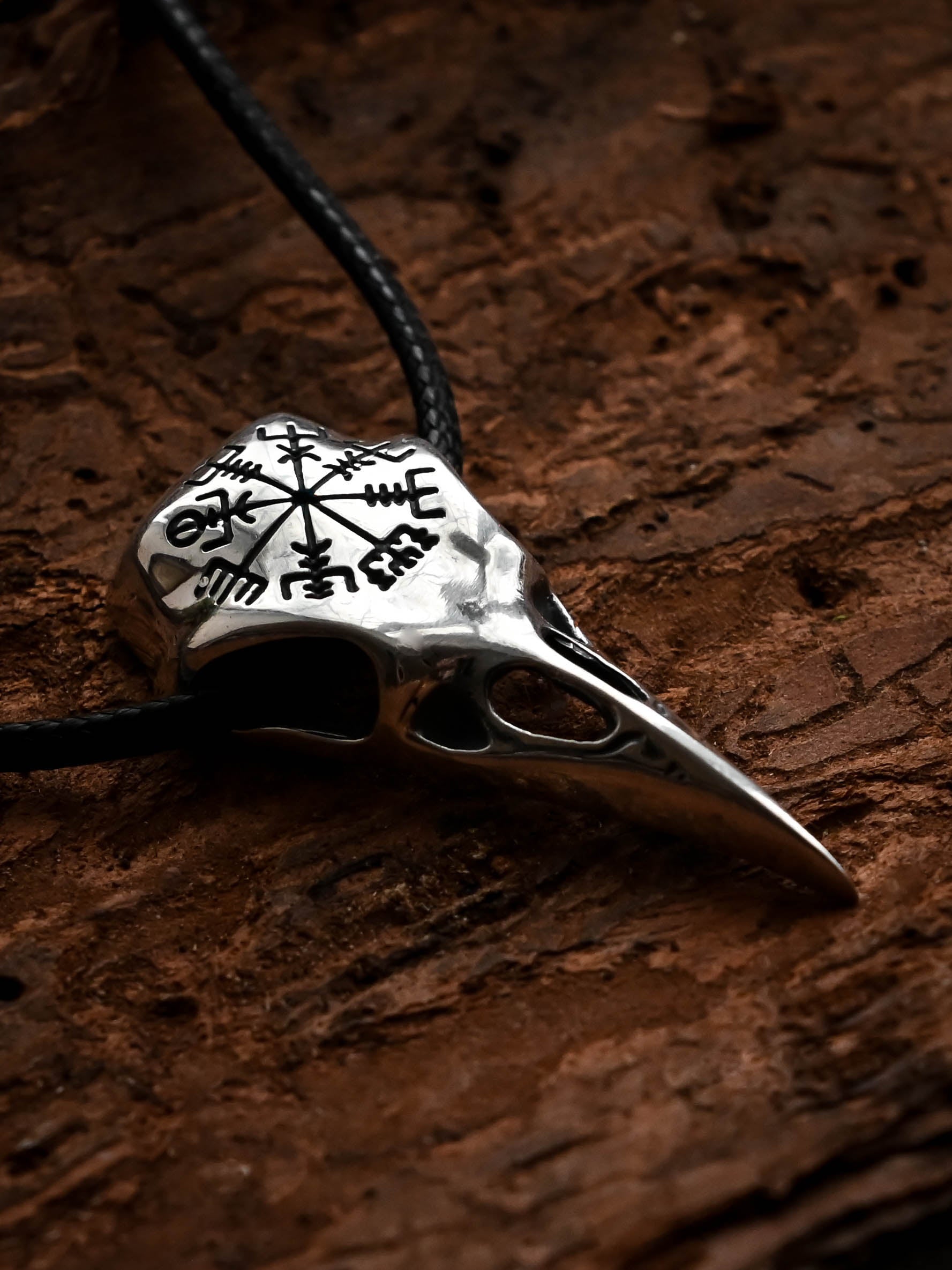 Raven Skull with Vegvisir Symbol, Sterling Silver 925 — Viking Symbol Pendant