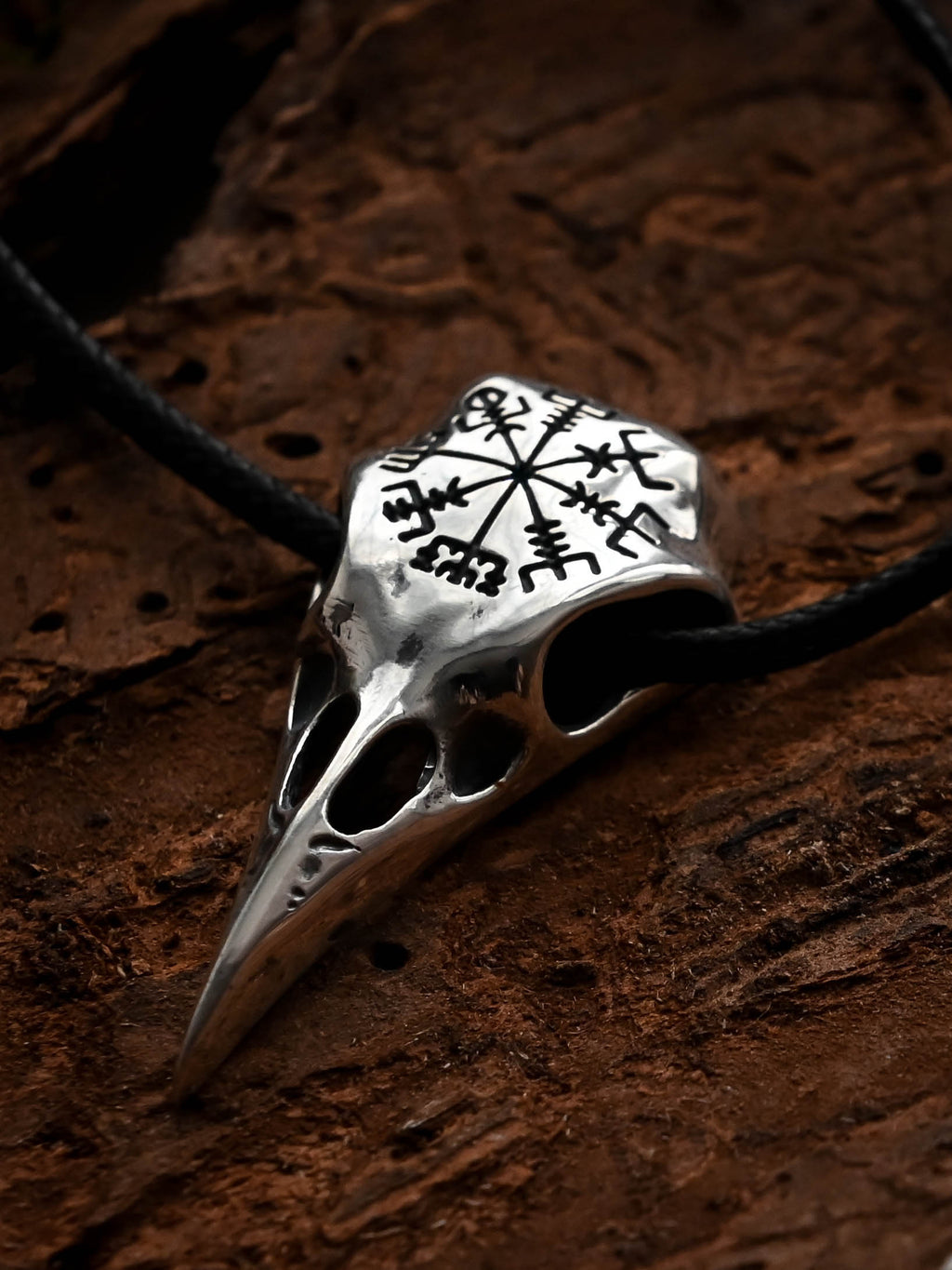 Raven Skull with Vegvisir Symbol, Sterling Silver 925 — Viking Symbol Pendant