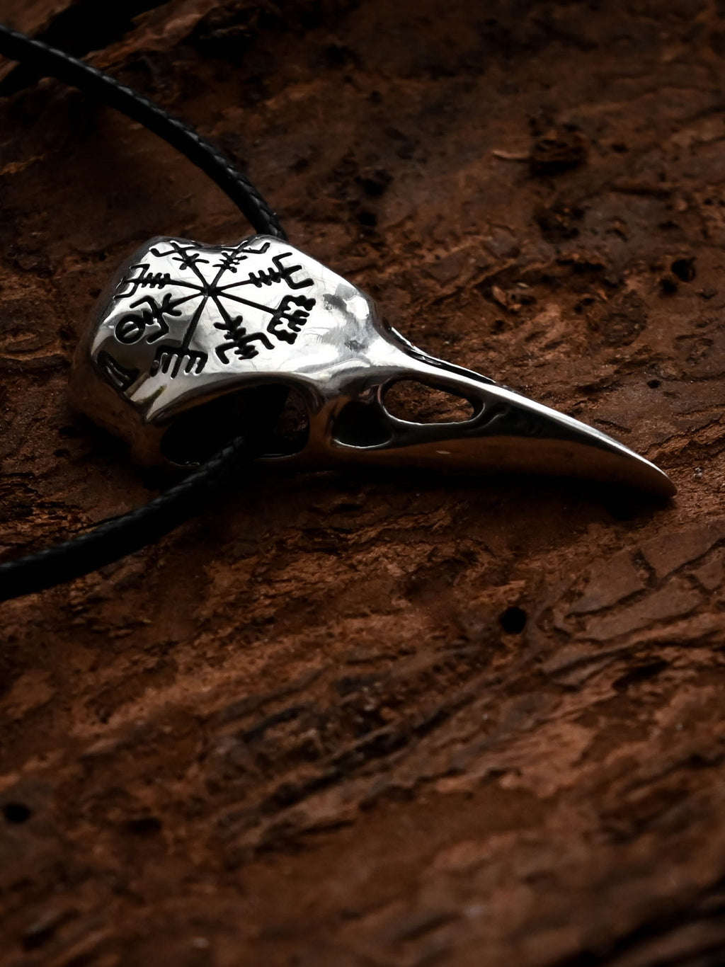 Raven Skull with Vegvisir Symbol, Sterling Silver 925 — Viking Symbol Pendant