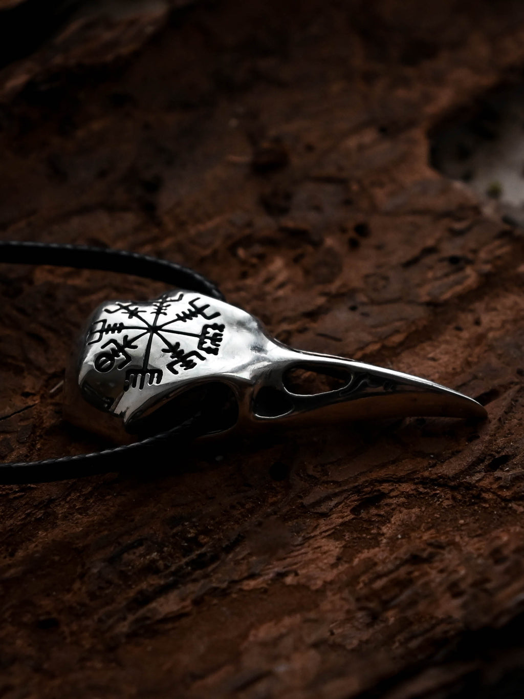 Raven Skull with Vegvisir Symbol, Sterling Silver 925 — Viking Symbol Pendant