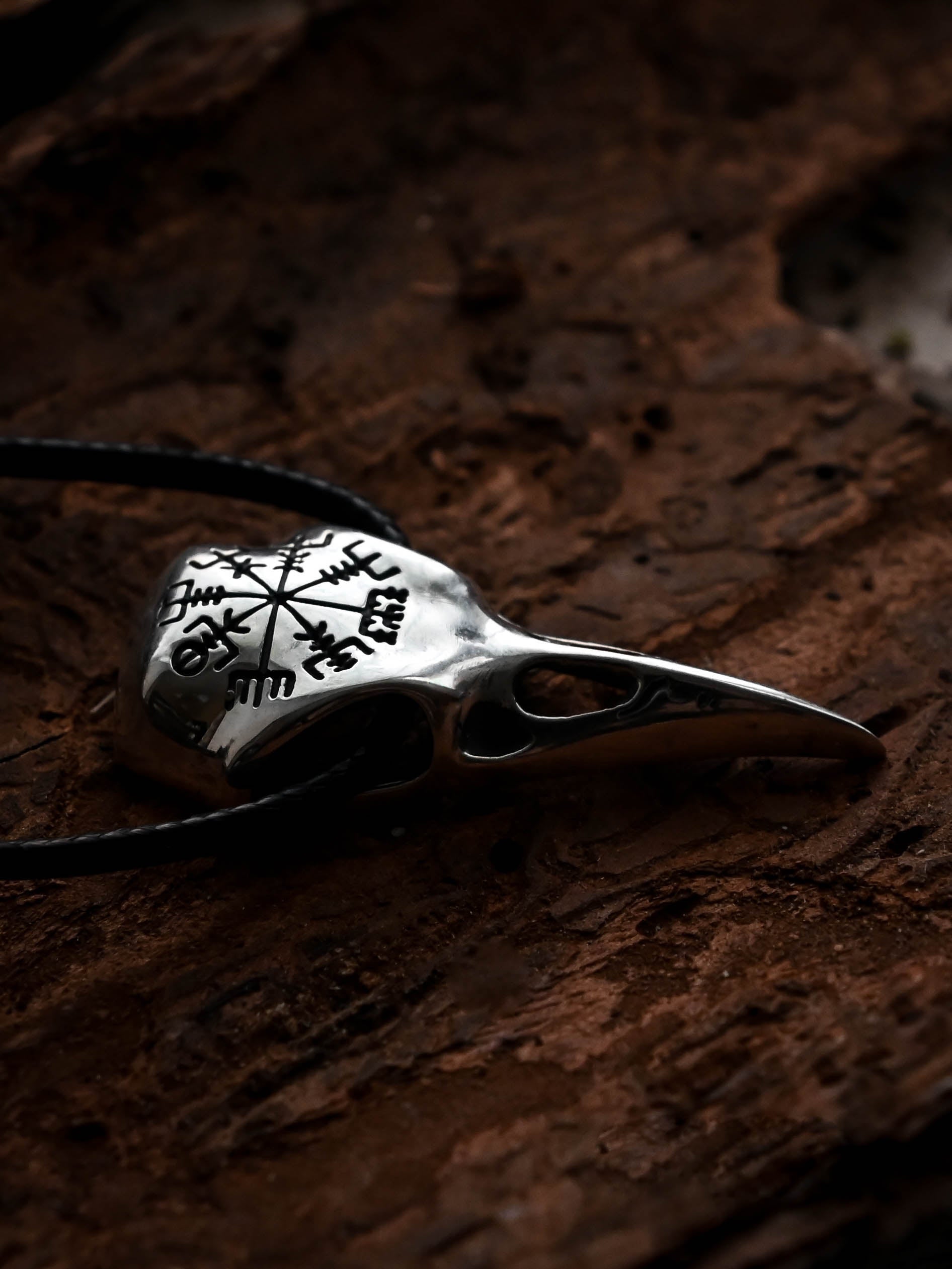 Raven Skull with Vegvisir Symbol, Sterling Silver 925 — Viking Symbol Pendant